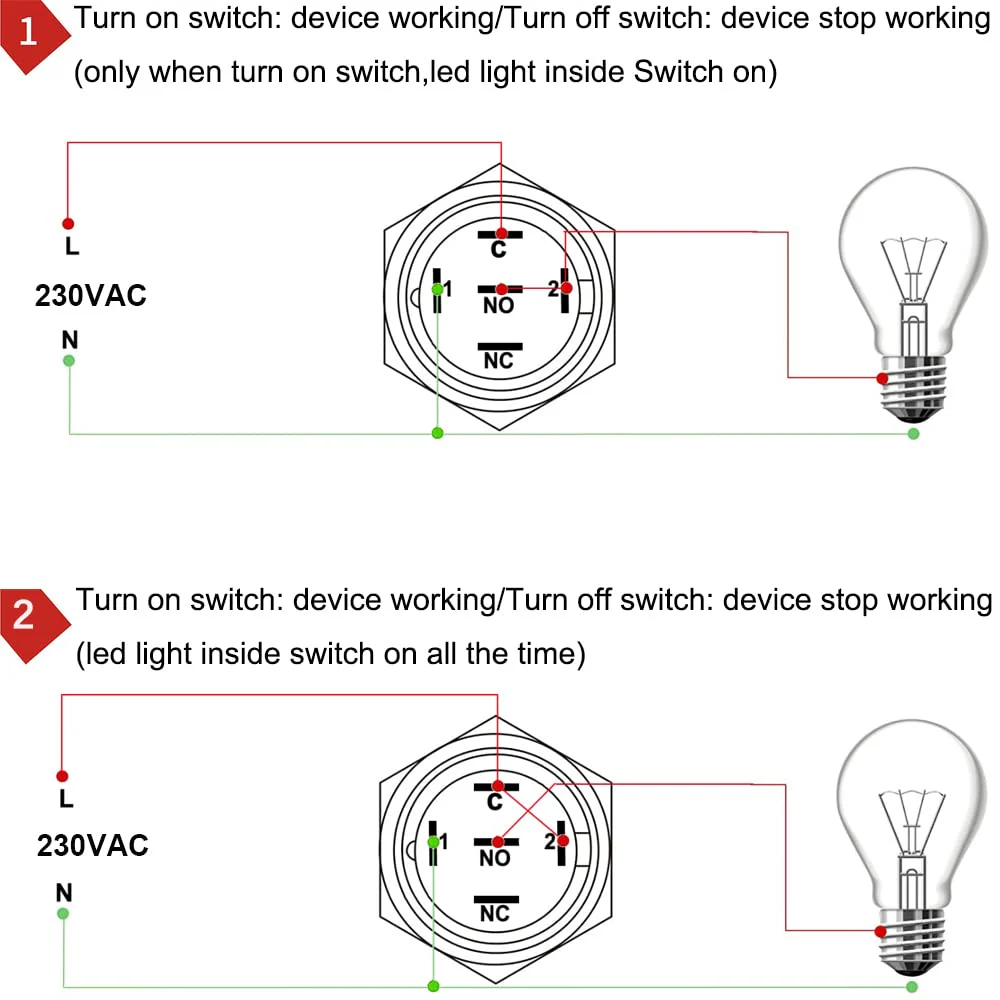 0.87 Inch/22mm Stainless Steel Momentary Push Button SPDT 110V-220V/3A LED 1NO1NC ON/Off Waterproof with Wire Socket Plug (Green LED) green /110-220V - Image 4