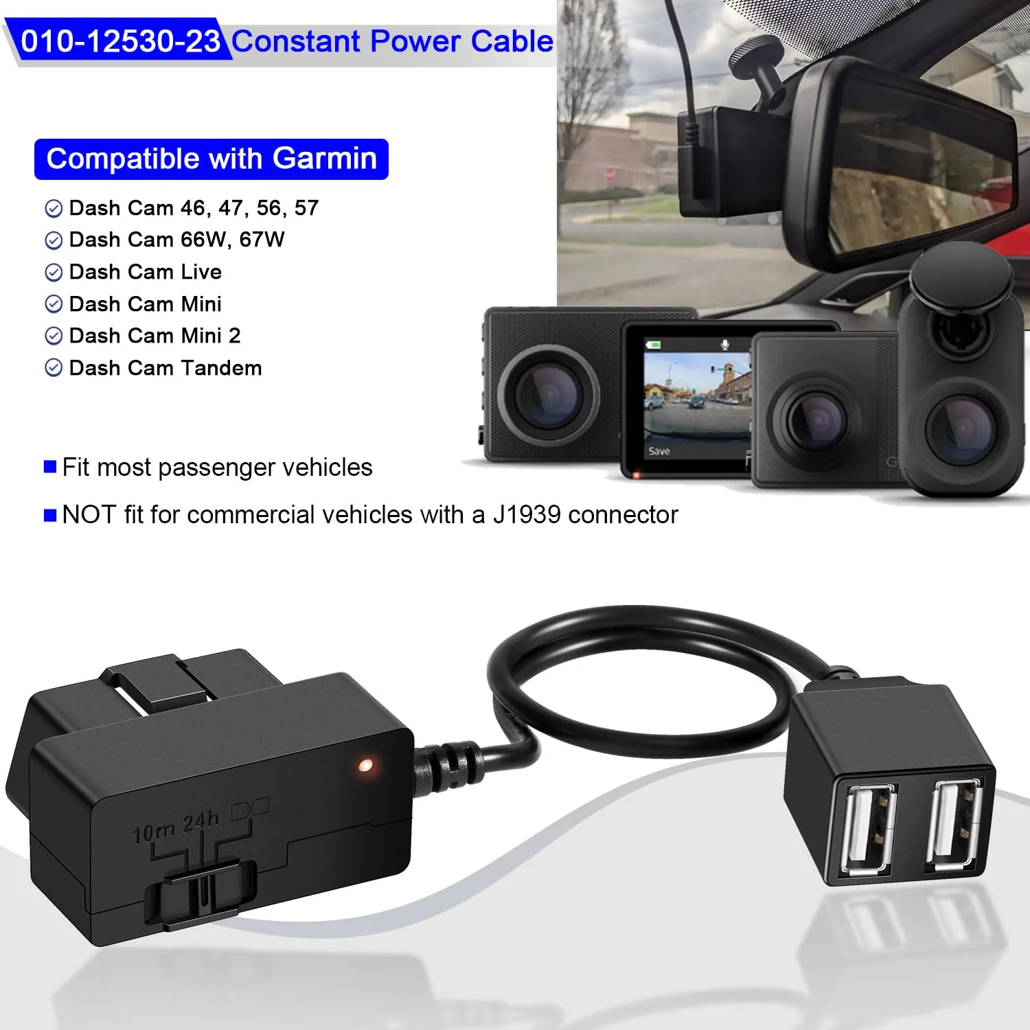 010-12530-23 Constant Vehicle Power Cable for Garmin Dash Cam 46, 47, 56, 57, 66W, 67W, Live, Mini, Mini 2, Tandem, Connect to Vehicle's OBD-II Port for Power Even When Parked and Turned Off - Image 2