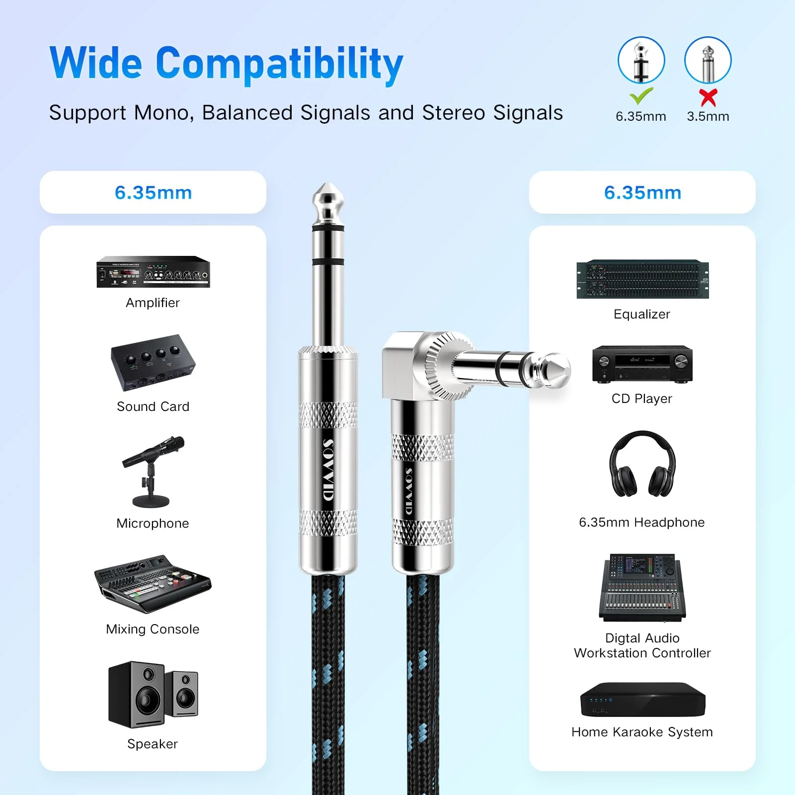 1/4 Inch TRS Cable 10 FT, 6.35 mm 1/4 TRS to TRS Patch Cable, Quarter Inch TRS Male to Male Balanced Stereo Audio Cable for Sound Card, Mixer, Amplifier, Speaker, Equalizer Black Blue - Image 3