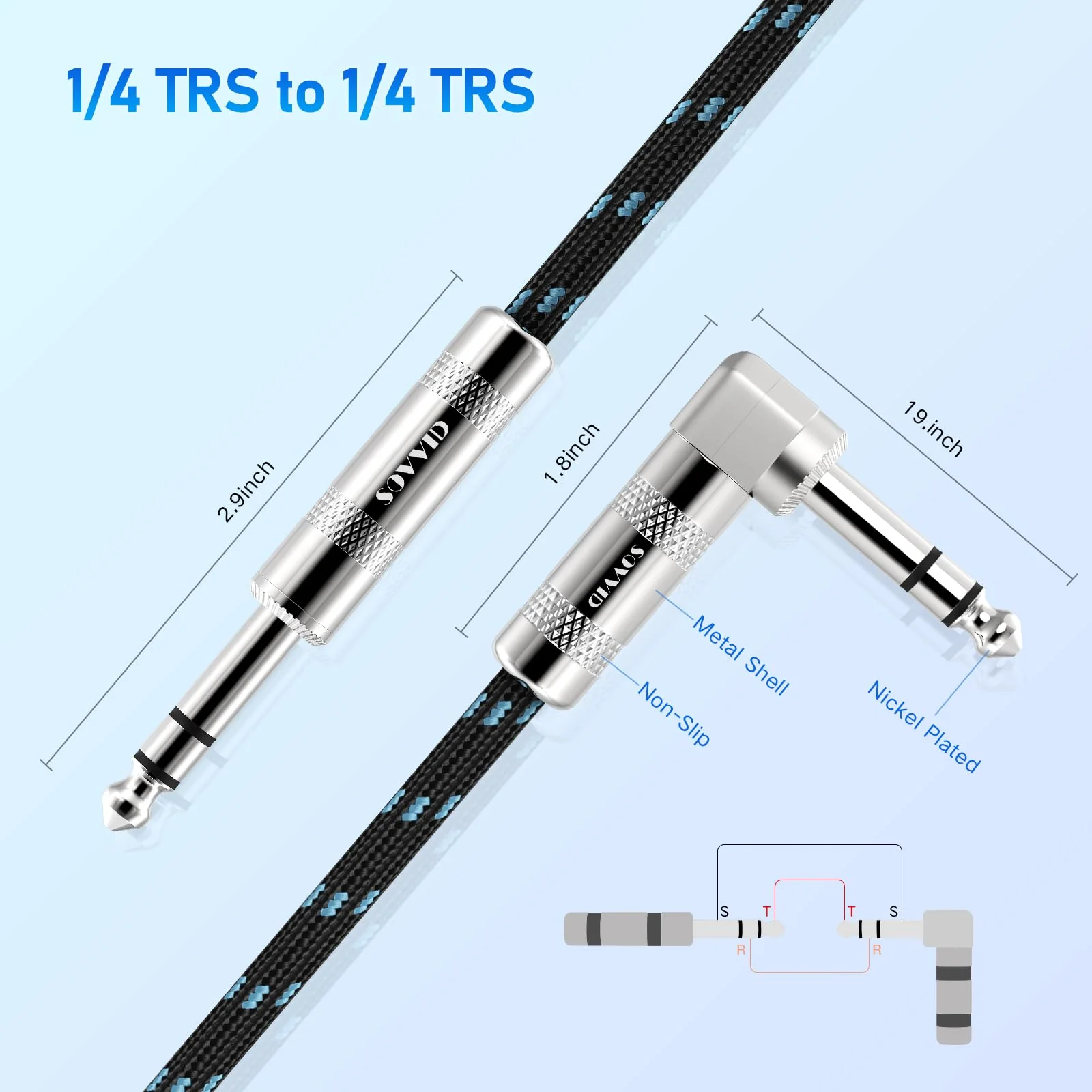 1/4 Inch TRS Cable 10 FT, 6.35 mm 1/4 TRS to TRS Patch Cable, Quarter Inch TRS Male to Male Balanced Stereo Audio Cable for Sound Card, Mixer, Amplifier, Speaker, Equalizer Black Blue - Image 5