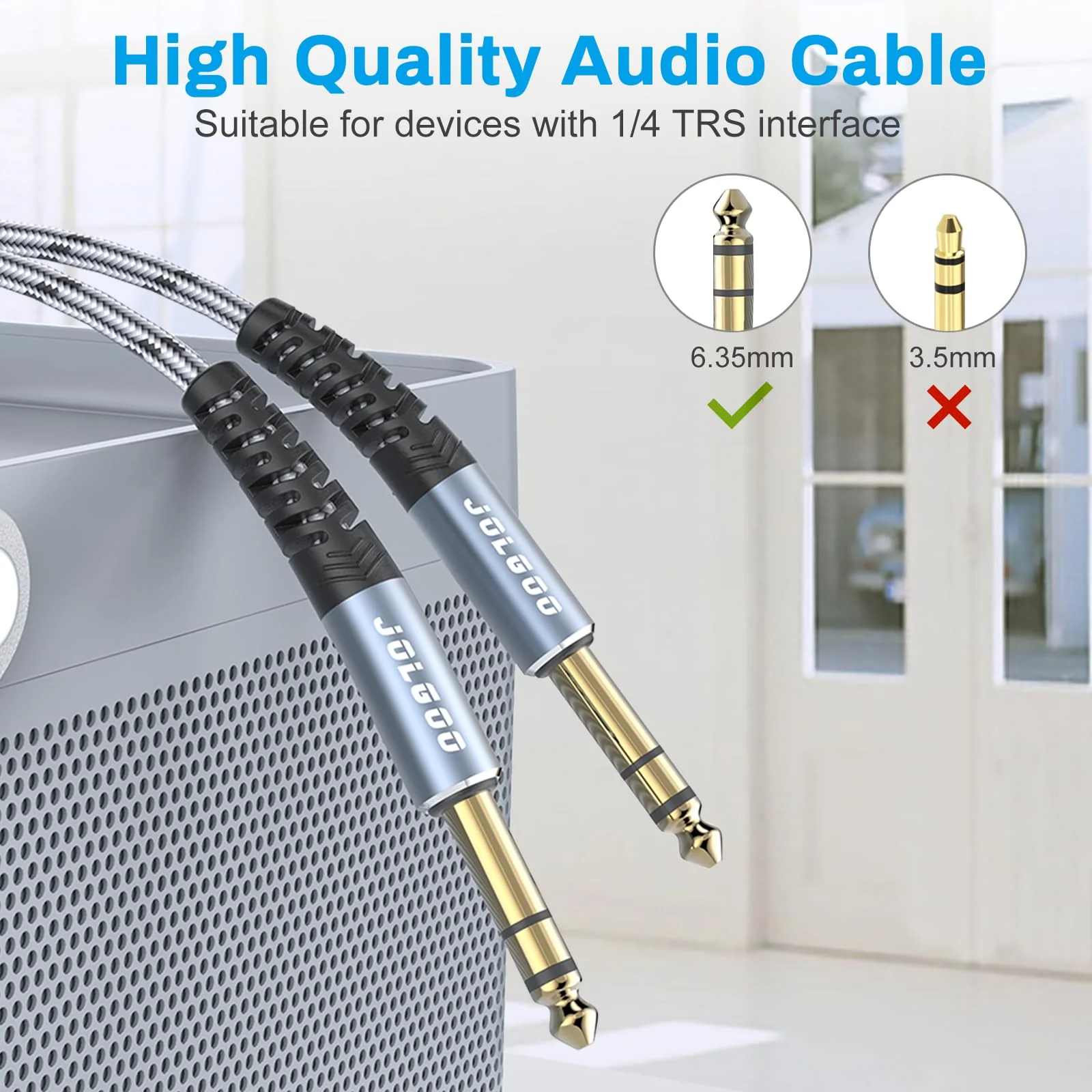 1/4 Inch TRS Instrument Cable 15 FT 2-Pack, Quarter inch Audio Cable, 6.35 Balanced Interconnect Line for Electric Guitar, Bass, Keyboard, Mixer, Amplifier, Speaker, Electric Mandolin 15 Feet TRS Cable 2-Pack Grey - Image 5