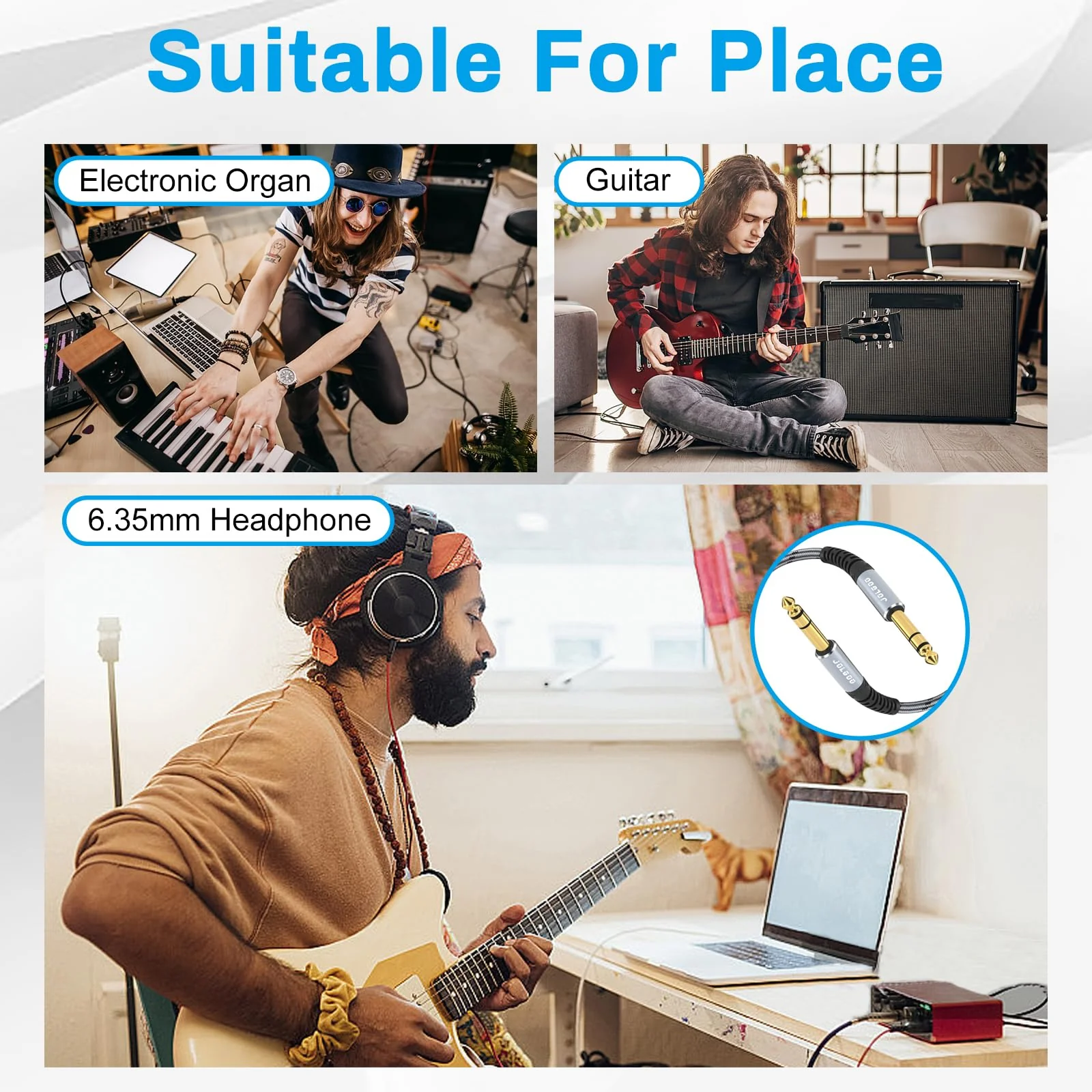 1/4 Inch TRS Instrument Cable 15 FT 2-Pack, Quarter inch Audio Cable, 6.35 Balanced Interconnect Line for Electric Guitar, Bass, Keyboard, Mixer, Amplifier, Speaker, Electric Mandolin 15 Feet TRS Cable 2-Pack Grey - Image 6
