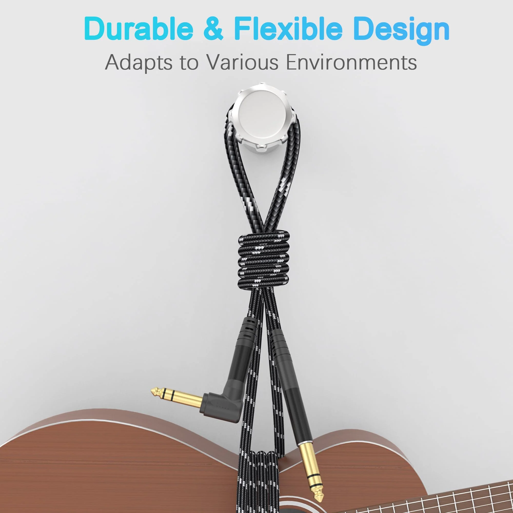 1/4 Inch TRS Instrument Cable 20ft 2-Pack, Right-Angled to Straight 6.35mm Guitar Bass AMP Cord, Stereo Audio Line for Electric Guitar, Bass, Keyboard, Mixer, Amplifier, Speaker 20 Feet 1/4 TRS Cable - Image 3