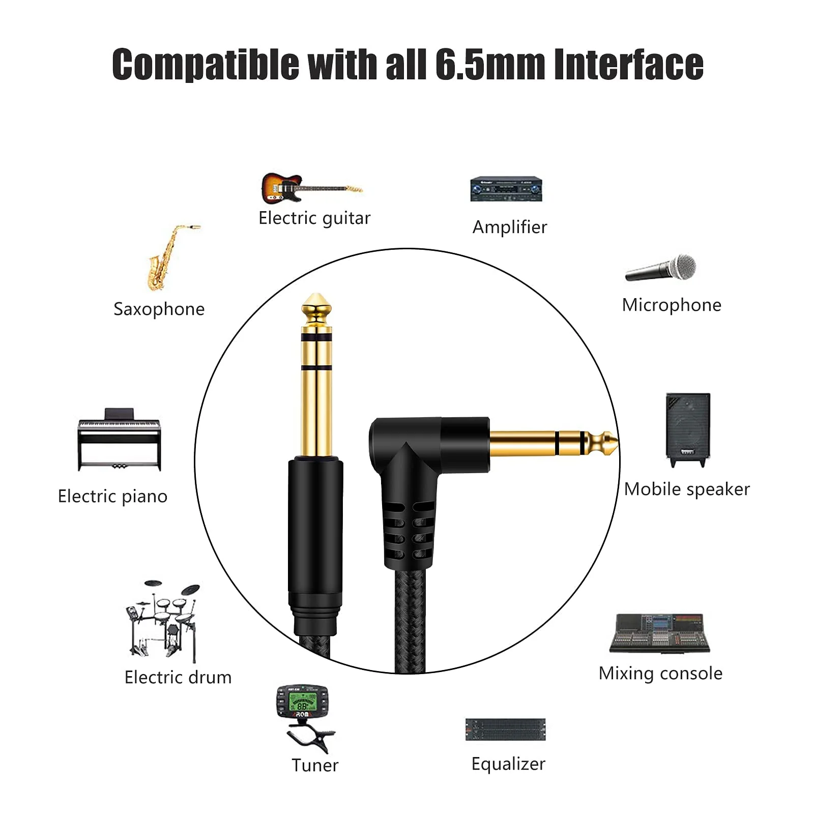 1/4 Inch TRS Instrument Cable 3Ft, 6.35mm TRS to 6.35mm TRS Stereo Audio Cable Male to Male Right-Angle-to-Straight for Electric Guitar, Bass, Keyboard,Mixer,Amplifier,Speaker,Equalizer... Black - Image 2