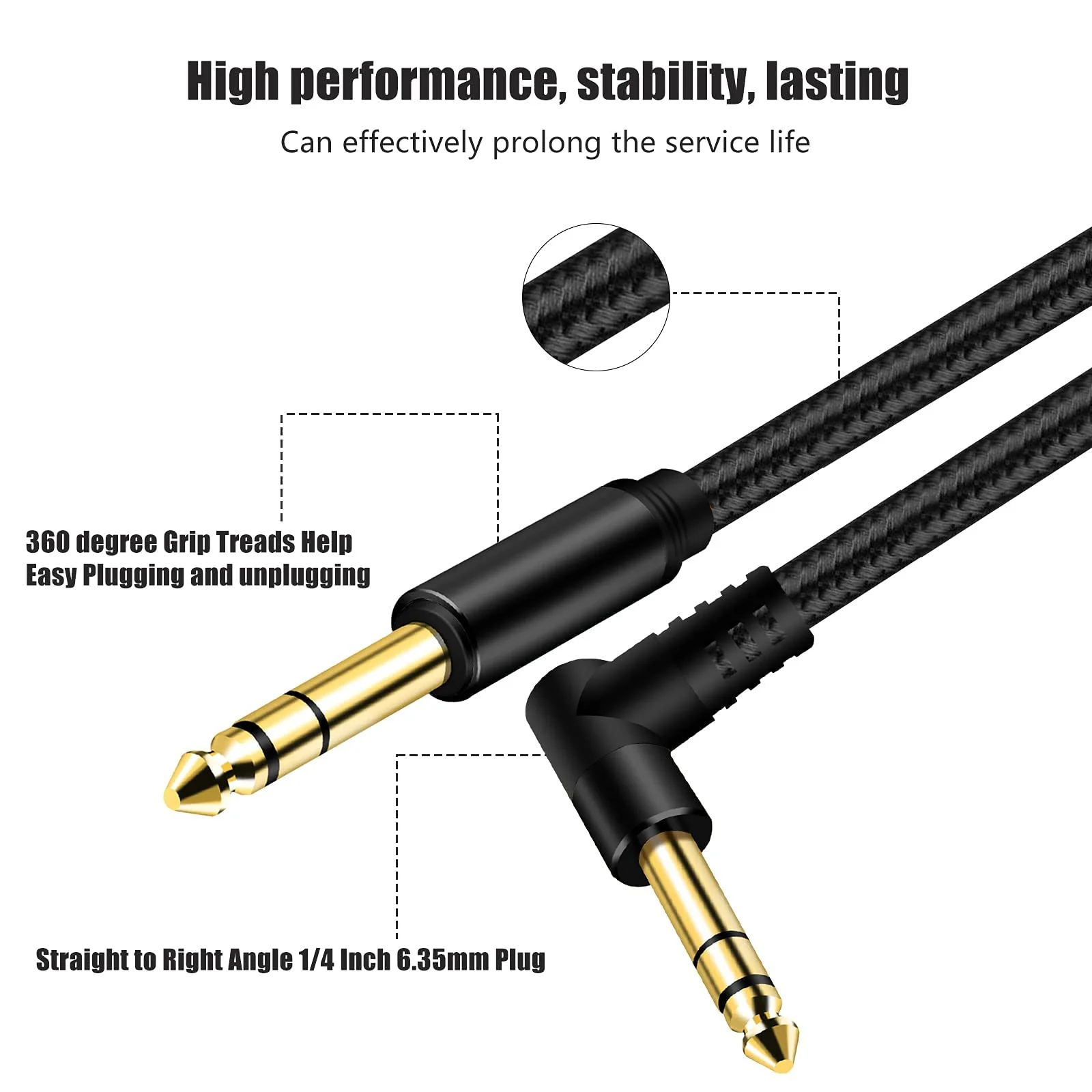 1/4 Inch TRS Instrument Cable 3Ft, 6.35mm TRS to 6.35mm TRS Stereo Audio Cable Male to Male Right-Angle-to-Straight for Electric Guitar, Bass, Keyboard,Mixer,Amplifier,Speaker,Equalizer... Black - Image 3