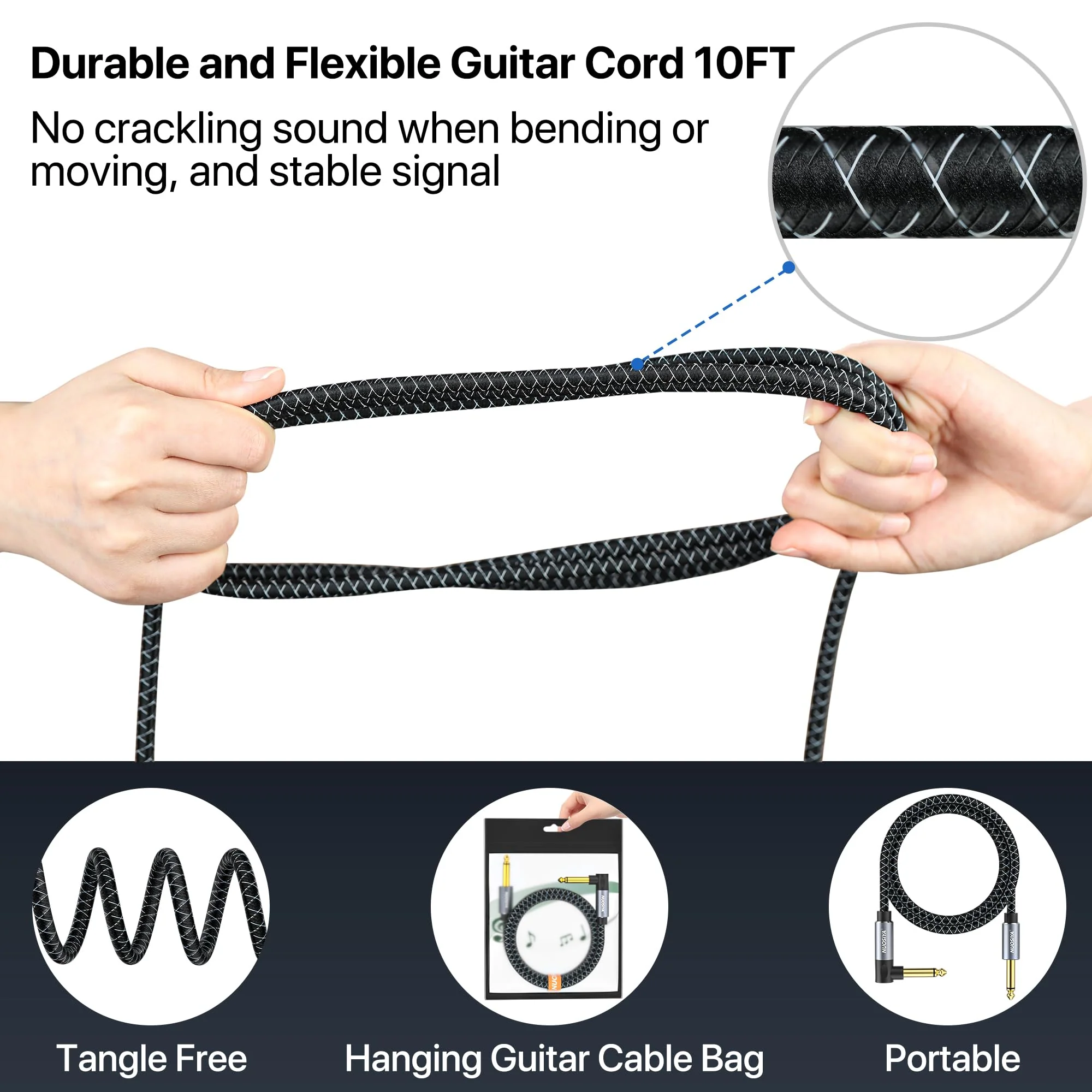 1/4 Inch TS to TS Guitar Cable 20FT Electric Instrument Bass AMP Cord Braided Guitar Cables for Electric Guitar, Bass AMP, Keyboard, Mixer, Equalizer (Straight to Right Angle) Braided Black - Image 2
