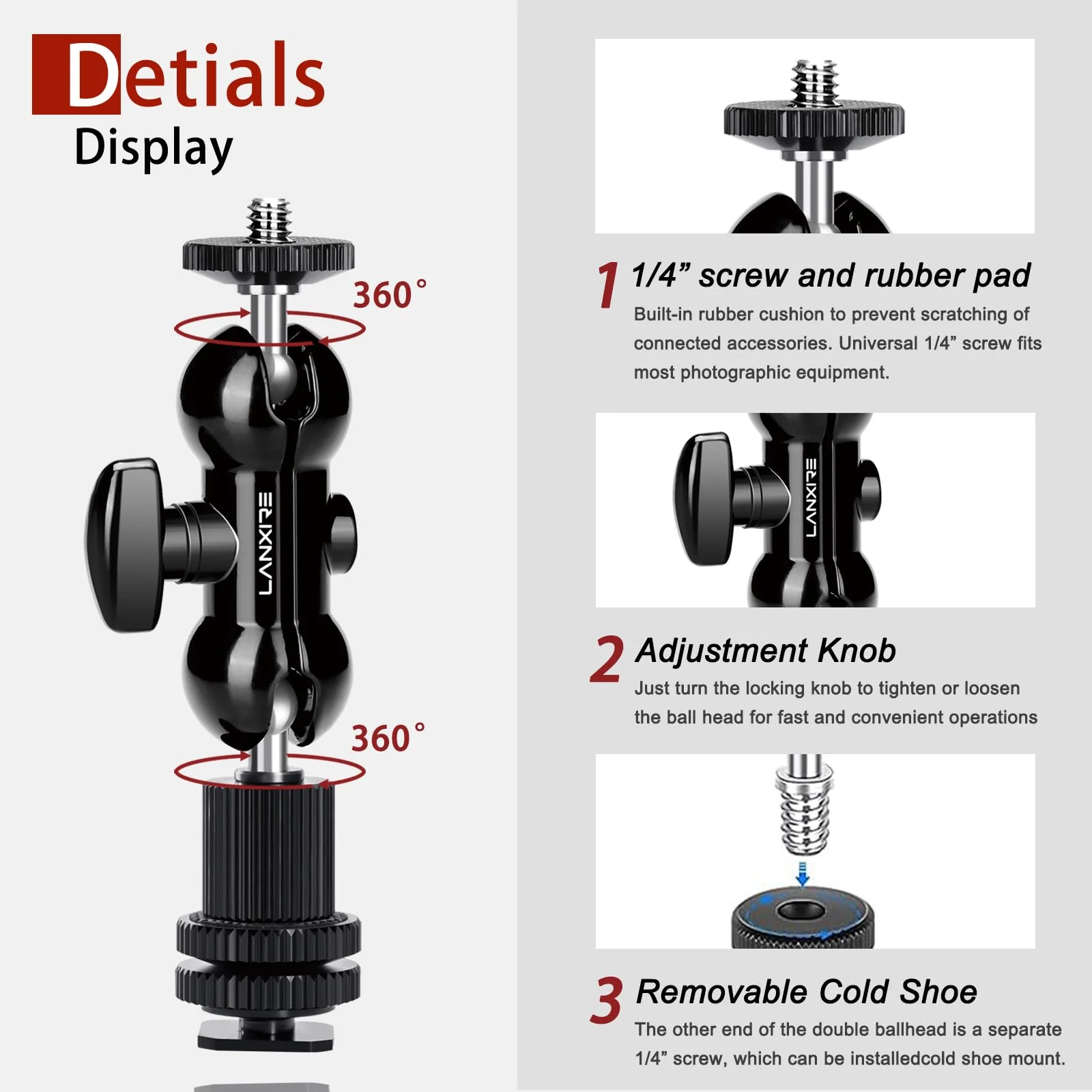 1/4" Screw Double Ball Head Magic Arm, Camera Hot Shoe Mount Adapter, Double Nut with 1/4" and 3/8" Aluminum Alloy Tripod Screw Flash Shoe Mount for Microphone, Monitors, LED Light - Image 2