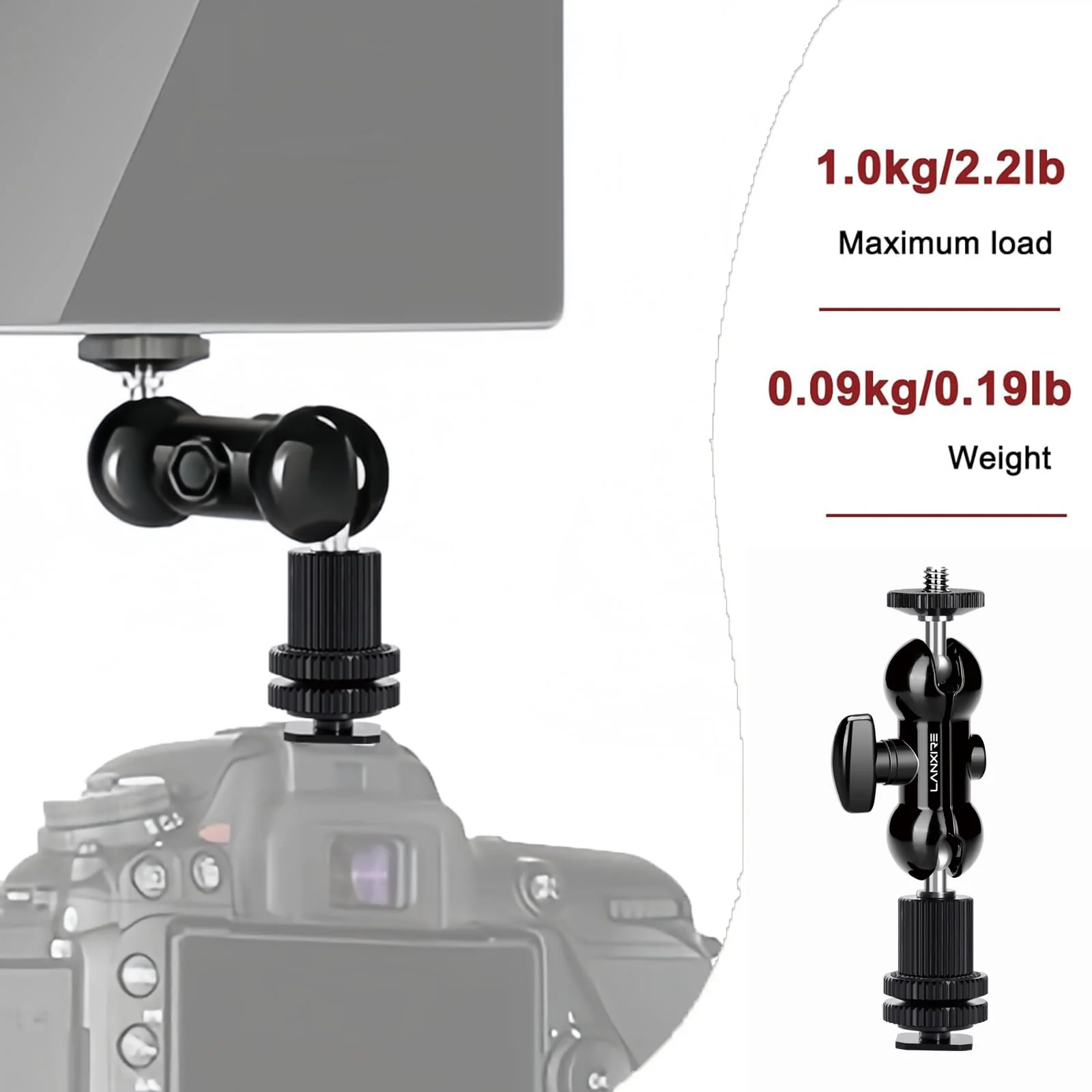 1/4" Screw Double Ball Head Magic Arm, Camera Hot Shoe Mount Adapter, Double Nut with 1/4" and 3/8" Aluminum Alloy Tripod Screw Flash Shoe Mount for Microphone, Monitors, LED Light - Image 3