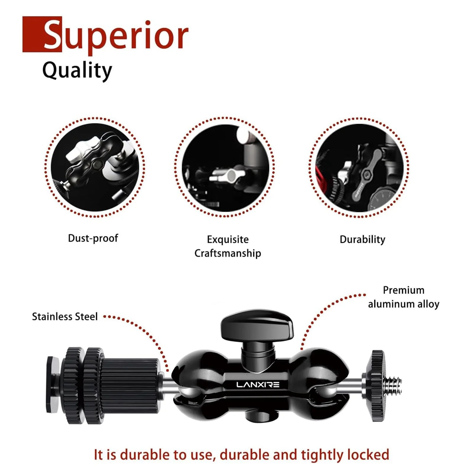 1/4" Screw Double Ball Head Magic Arm, Camera Hot Shoe Mount Adapter, Double Nut with 1/4" and 3/8" Aluminum Alloy Tripod Screw Flash Shoe Mount for Microphone, Monitors, LED Light - Image 4