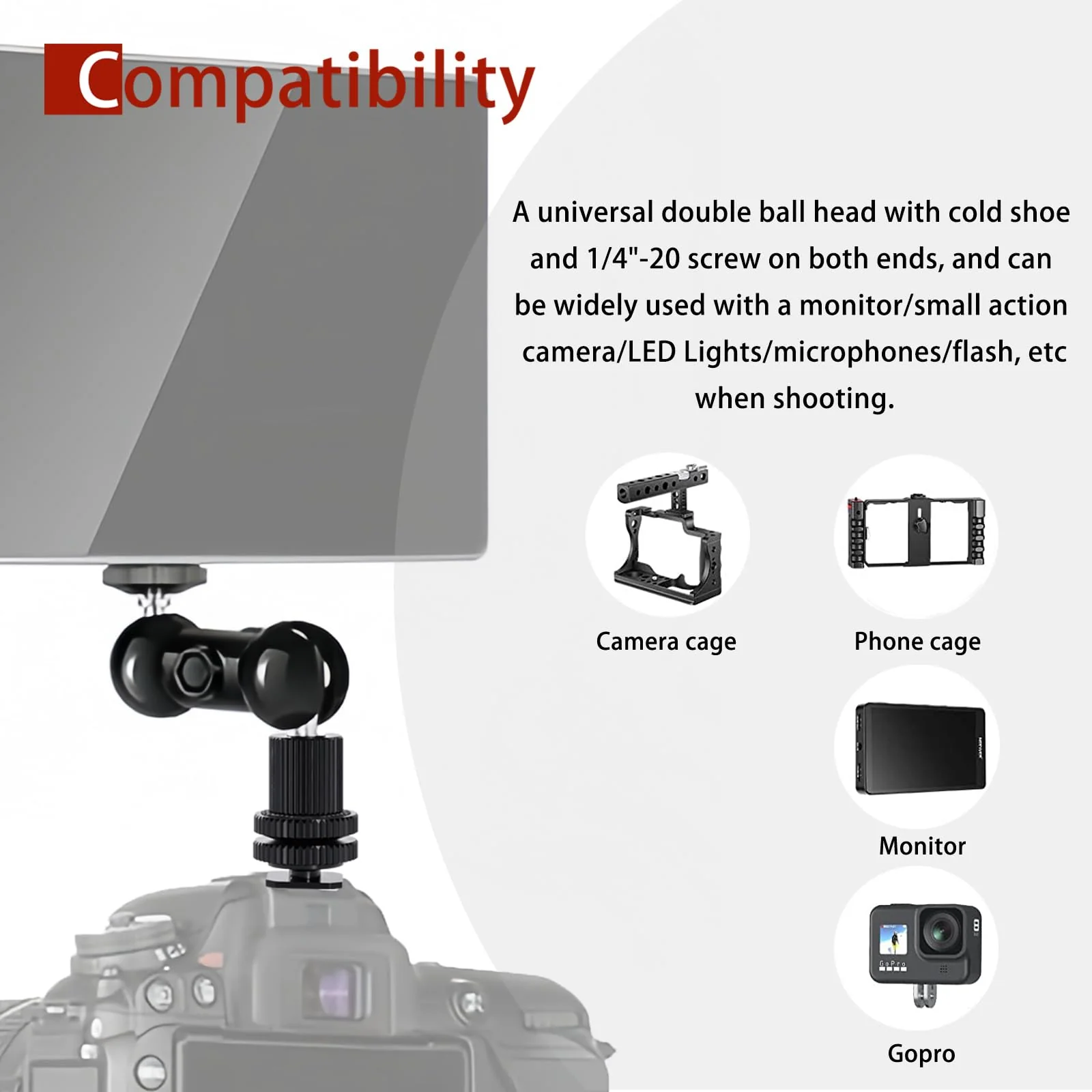 1/4" Screw Double Ball Head Magic Arm, Camera Hot Shoe Mount Adapter, Double Nut with 1/4" and 3/8" Aluminum Alloy Tripod Screw Flash Shoe Mount for Microphone, Monitors, LED Light - Image 5