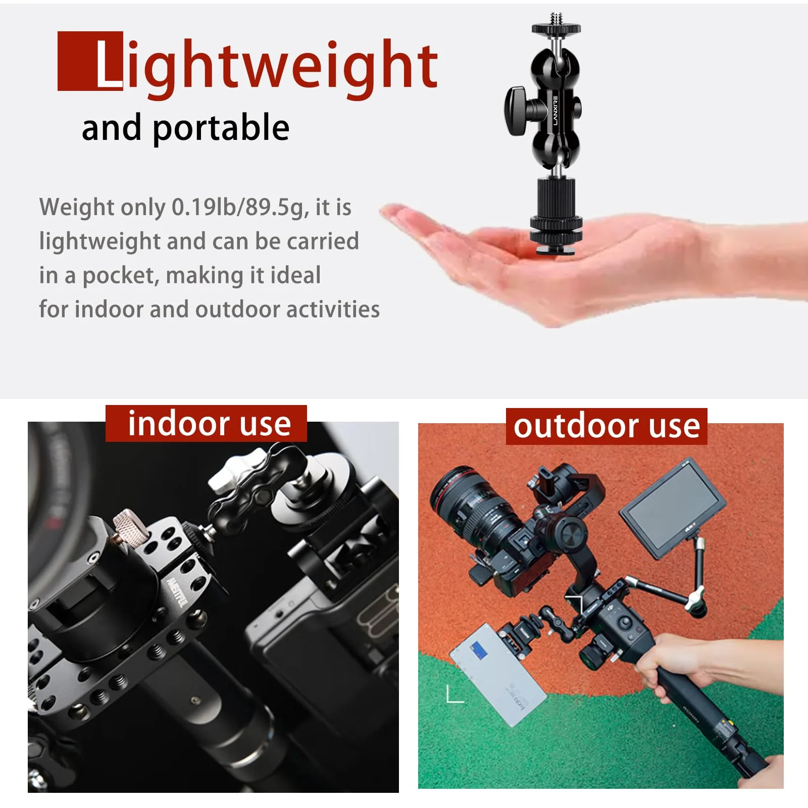 1/4" Screw Double Ball Head Magic Arm, Camera Hot Shoe Mount Adapter, Double Nut with 1/4" and 3/8" Aluminum Alloy Tripod Screw Flash Shoe Mount for Microphone, Monitors, LED Light - Image 6