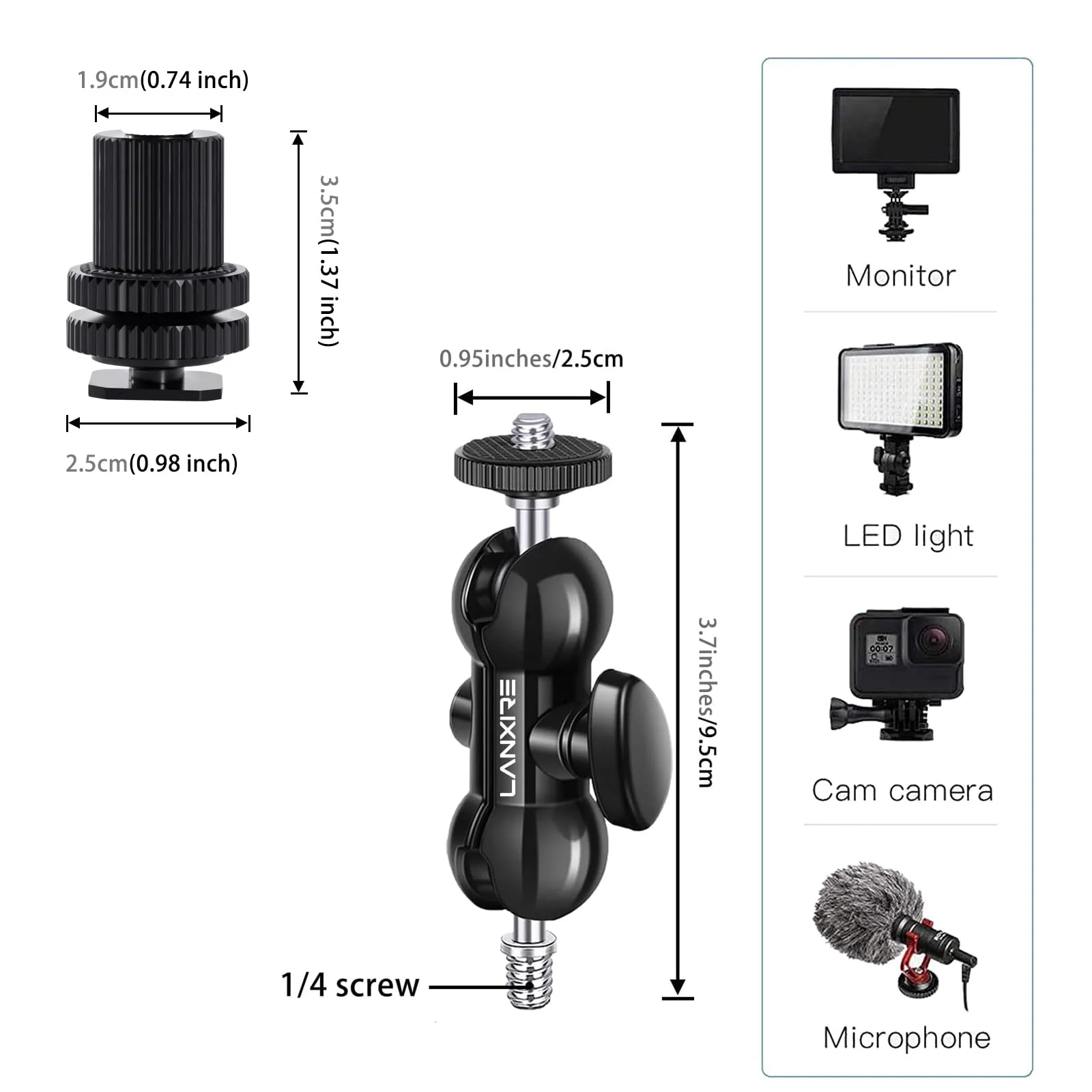 1/4" Screw Double Ball Head Magic Arm, Camera Hot Shoe Mount Adapter, Double Nut with 1/4" and 3/8" Aluminum Alloy Tripod Screw Flash Shoe Mount for Microphone, Monitors, LED Light - Image 7