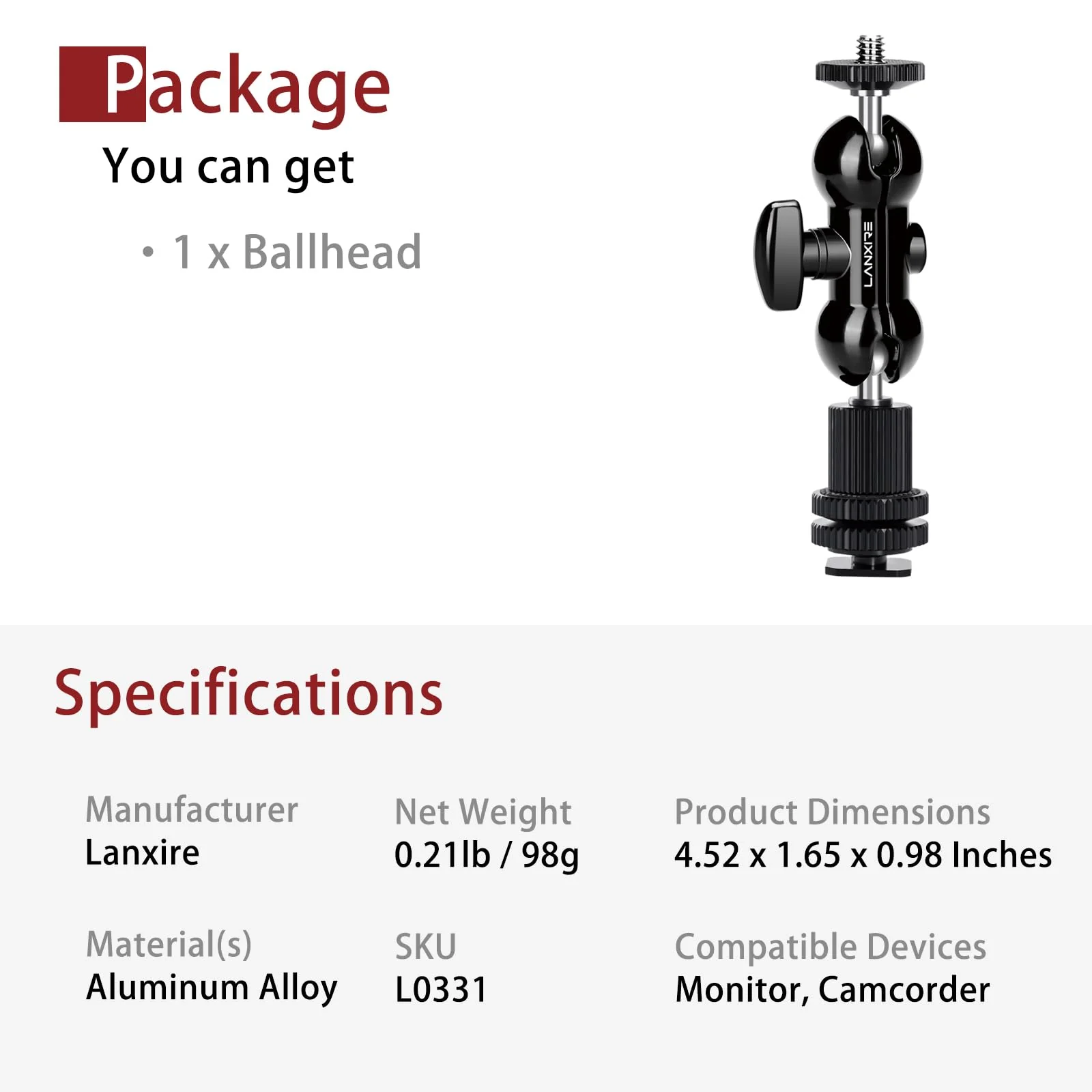 1/4" Screw Double Ball Head Magic Arm, Camera Hot Shoe Mount Adapter, Double Nut with 1/4" and 3/8" Aluminum Alloy Tripod Screw Flash Shoe Mount for Microphone, Monitors, LED Light - Image 8