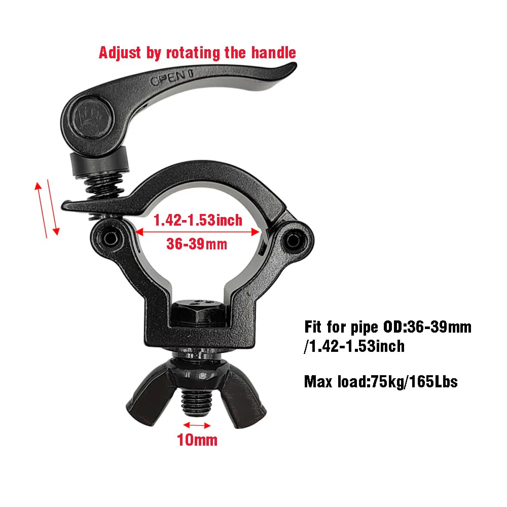 1.5inch Quick Release Stage Lighting Clamp Aluminum Alloy Heavy Duty 165lbs DJ Light Clamps Fit Pipe OD 36-39mm Black - Image 2