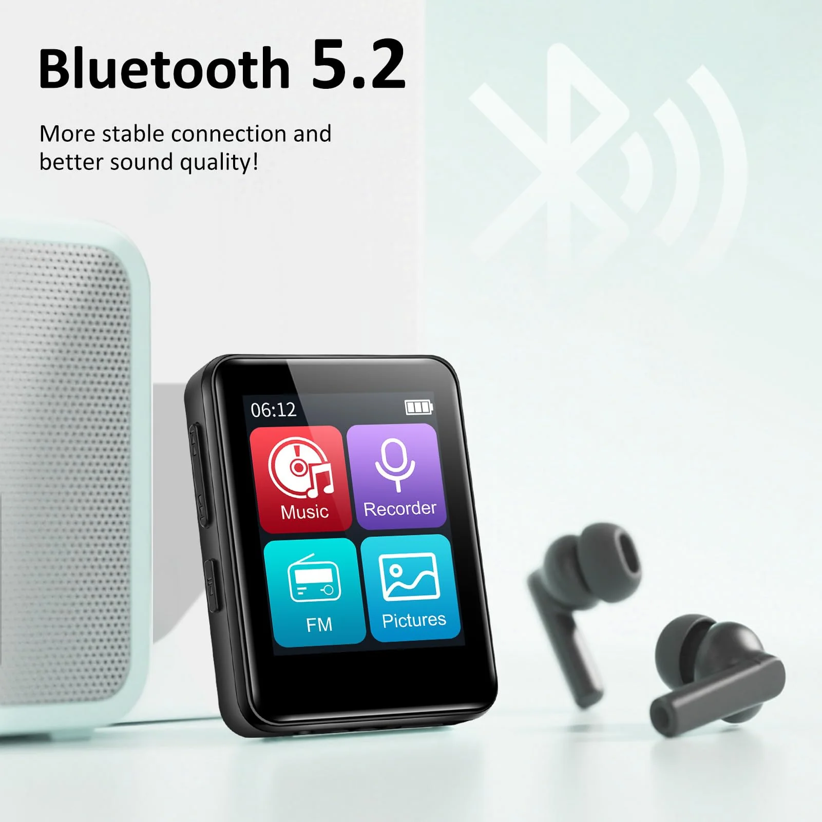 1.8 inch MP3 Player with Bluetooth, 32GB Digital Music Player for Kids, Portable Mini Bluetooth MP3 Player with Speaker Lossless Sound with FM Radio, Voice Recorder, Supports up to 512GB, Black - Image 2