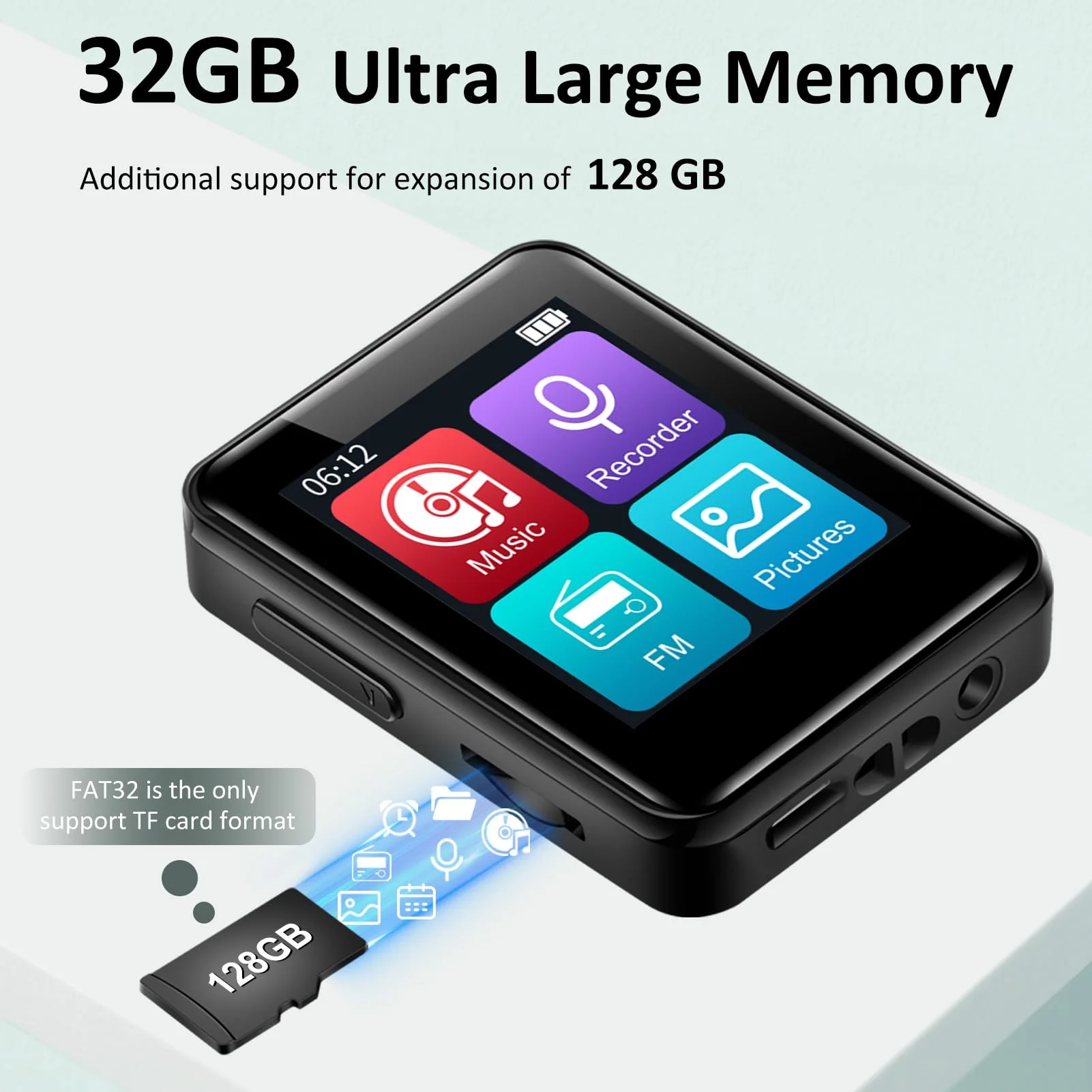 1.8 inch MP3 Player with Bluetooth, 32GB Digital Music Player for Kids, Portable Mini Bluetooth MP3 Player with Speaker Lossless Sound with FM Radio, Voice Recorder, Supports up to 512GB, Black - Image 4