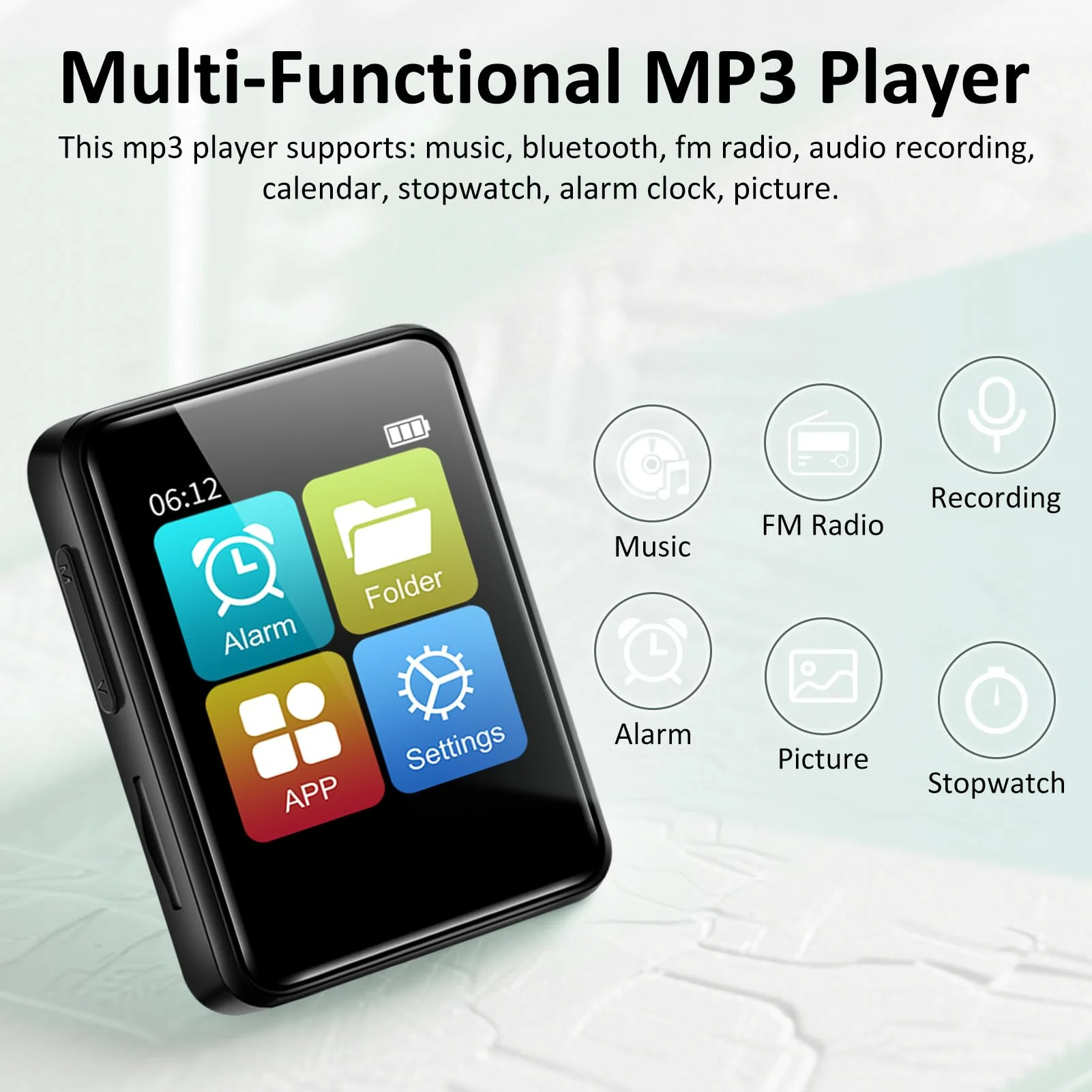1.8 inch MP3 Player with Bluetooth, 32GB Digital Music Player for Kids, Portable Mini Bluetooth MP3 Player with Speaker Lossless Sound with FM Radio, Voice Recorder, Supports up to 512GB, Black - Image 6