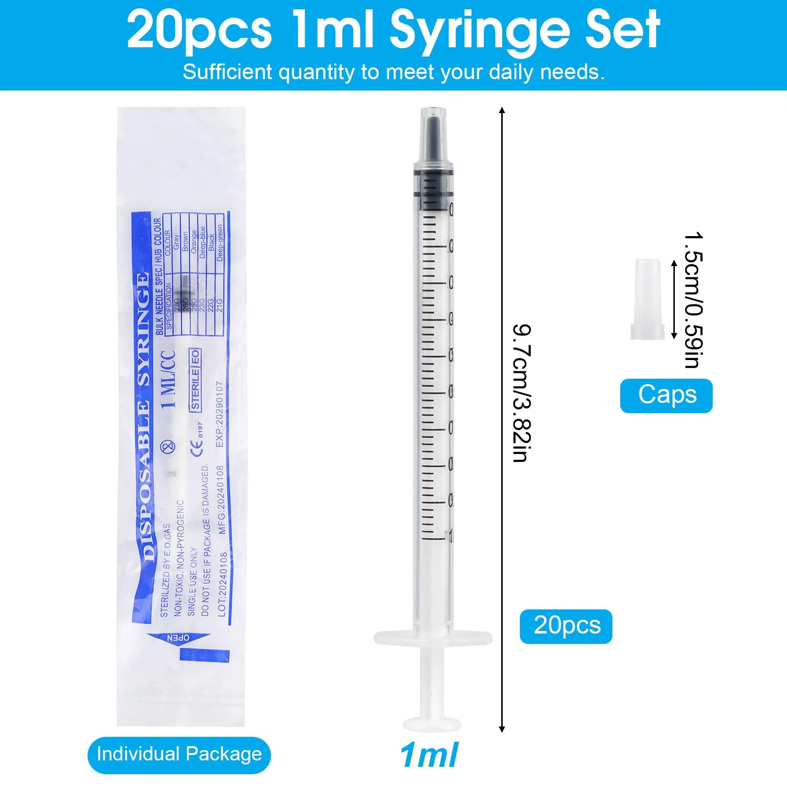 1 ml Syringe, Pack of 20 Reusable Colostrum Syringe, Dosing Syringe Without Needle with Caps, Food Syringe for Small Pet Feeding, Liquid Measure Syringes, Laboratory, Industry 1 ml, 20 pieces - Image 2