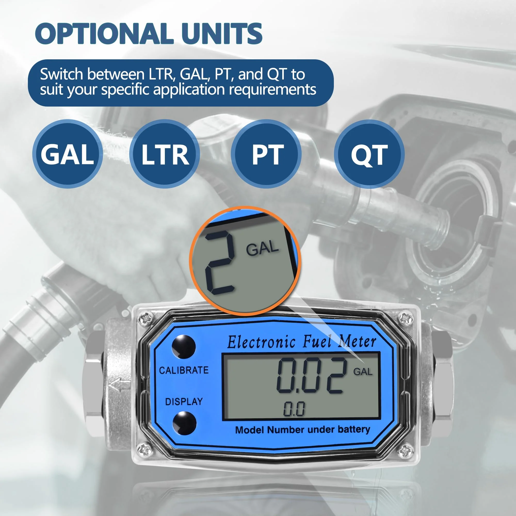 1" Turbine Fuel Flow Meter, 2.6-26 GPM Inline NPT Thread Flowmeter with 3/4" Adapters,Digital Fuel Flow Meter,for Kerosene,Biodiesel, Light Chemicals- Supports Gallon, LTR, PT, QT 1 Inch & 3/4 Inch - Image 3