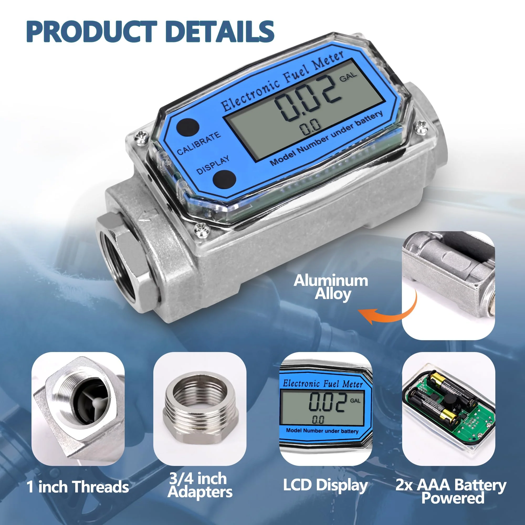 1" Turbine Fuel Flow Meter, 2.6-26 GPM Inline NPT Thread Flowmeter with 3/4" Adapters,Digital Fuel Flow Meter,for Kerosene,Biodiesel, Light Chemicals- Supports Gallon, LTR, PT, QT 1 Inch & 3/4 Inch - Image 4