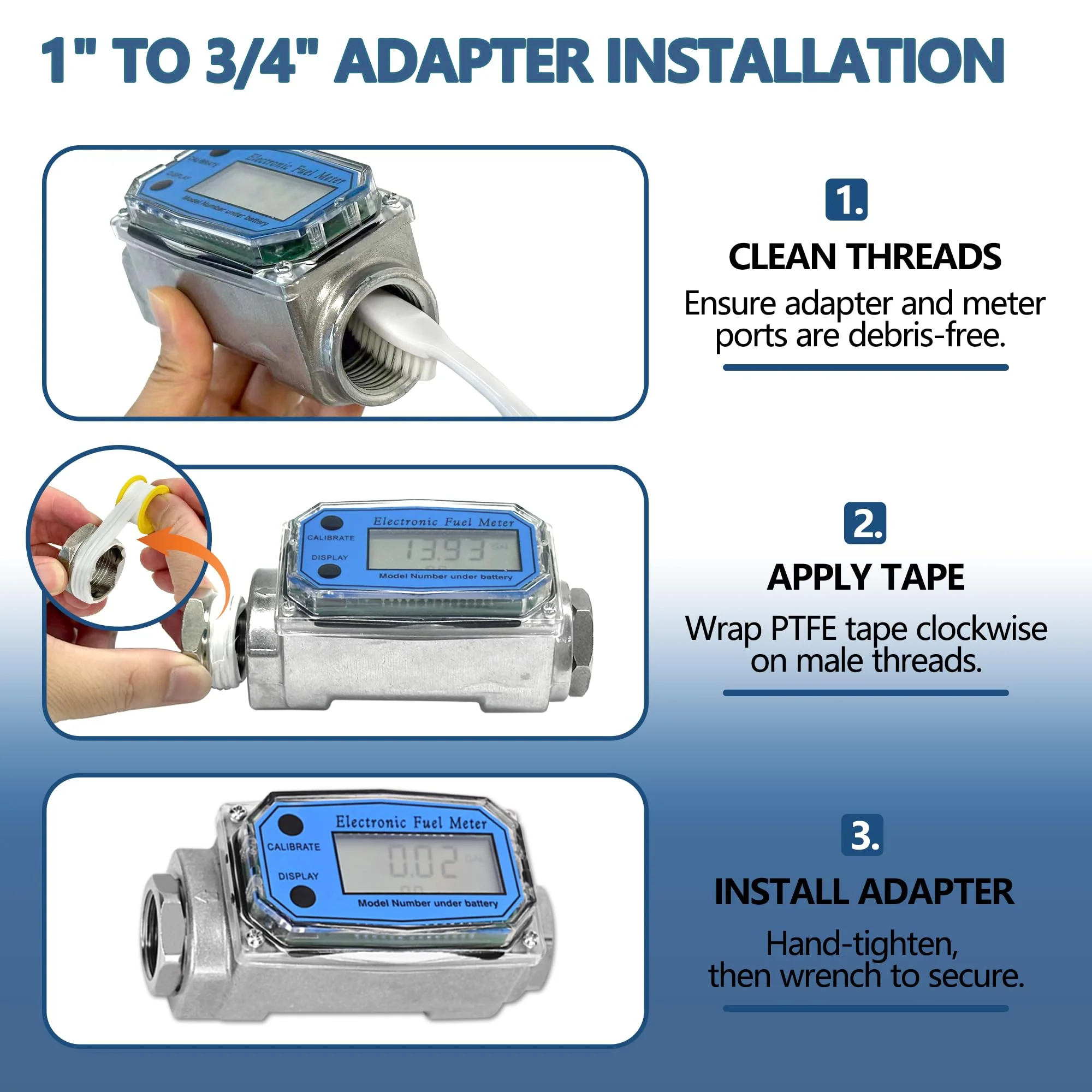 1" Turbine Fuel Flow Meter, 2.6-26 GPM Inline NPT Thread Flowmeter with 3/4" Adapters,Digital Fuel Flow Meter,for Kerosene,Biodiesel, Light Chemicals- Supports Gallon, LTR, PT, QT 1 Inch & 3/4 Inch - Image 5