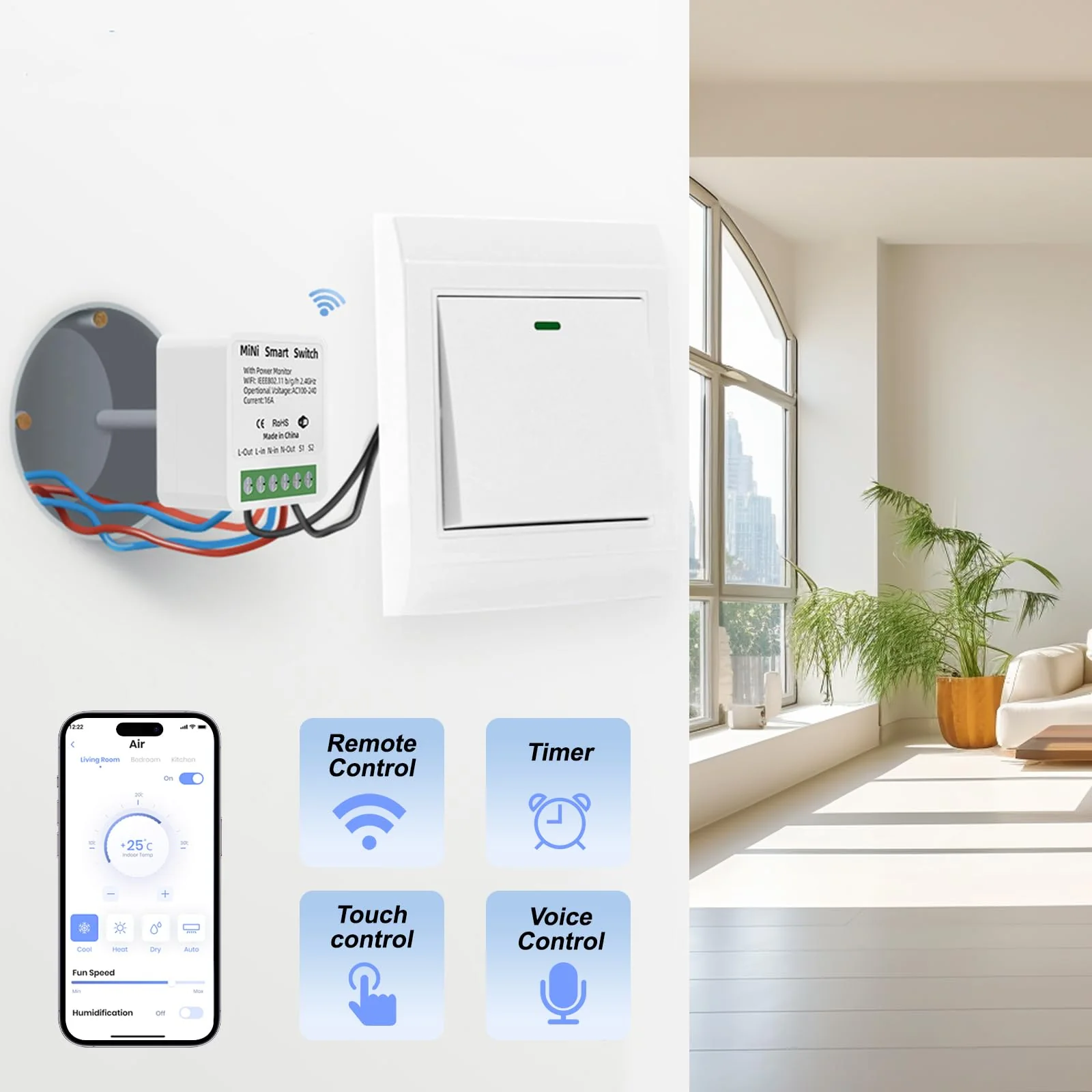 1 x Mini Smart Light Switch, Wireless Remote Control Switch for Home Automation, RF Remote Controlled Light Switch with Timer and Motion Sensor with Alexa Echo, Google Home - Image 4
