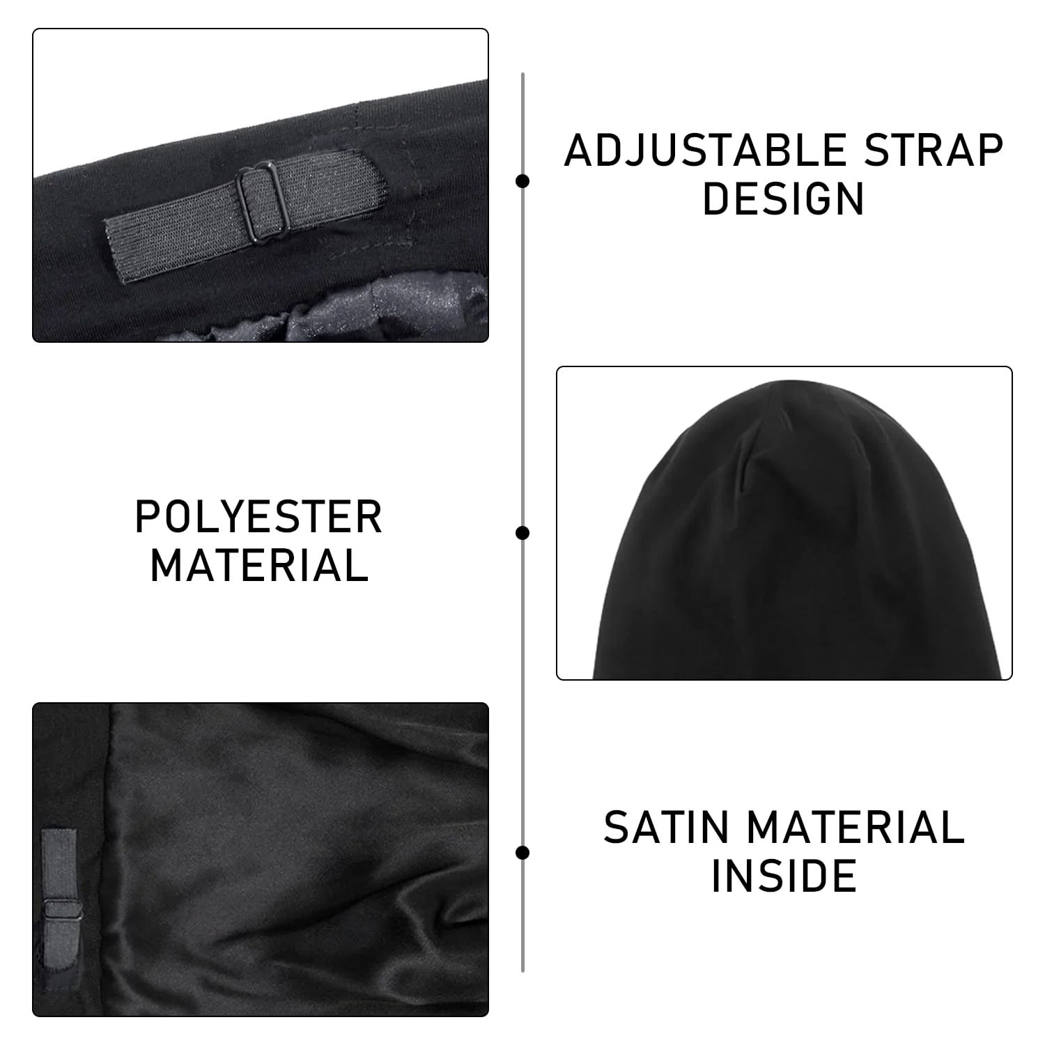 1 x Sleep Cap, Women's Hair Hat, Adjustable Elastic Bandana, Satin Jumper Hat, Toe Cap, Breathable and Warm Hat, Hair Cap for Sleeping (Black) - Image 3