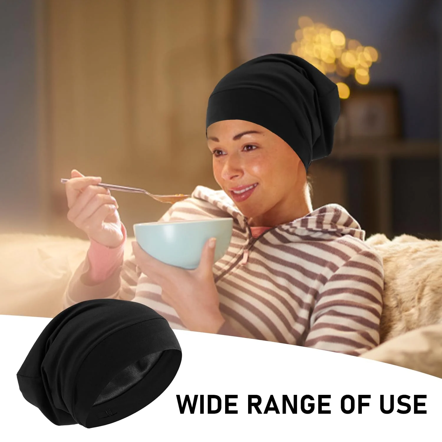 1 x Sleep Cap, Women's Hair Hat, Adjustable Elastic Bandana, Satin Jumper Hat, Toe Cap, Breathable and Warm Hat, Hair Cap for Sleeping (Black) - Image 4