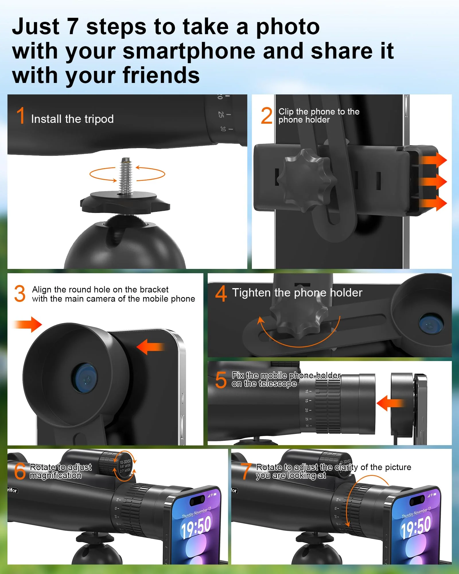 10-30x50 Monoculars for Adults High Powered with Smart Phone Holder & Upgraded Tripod, Starscope Monocular Military Grade for Outdoor Exploration, Bird Watching, and Scenic Viewing 10-30x50 - Image 4