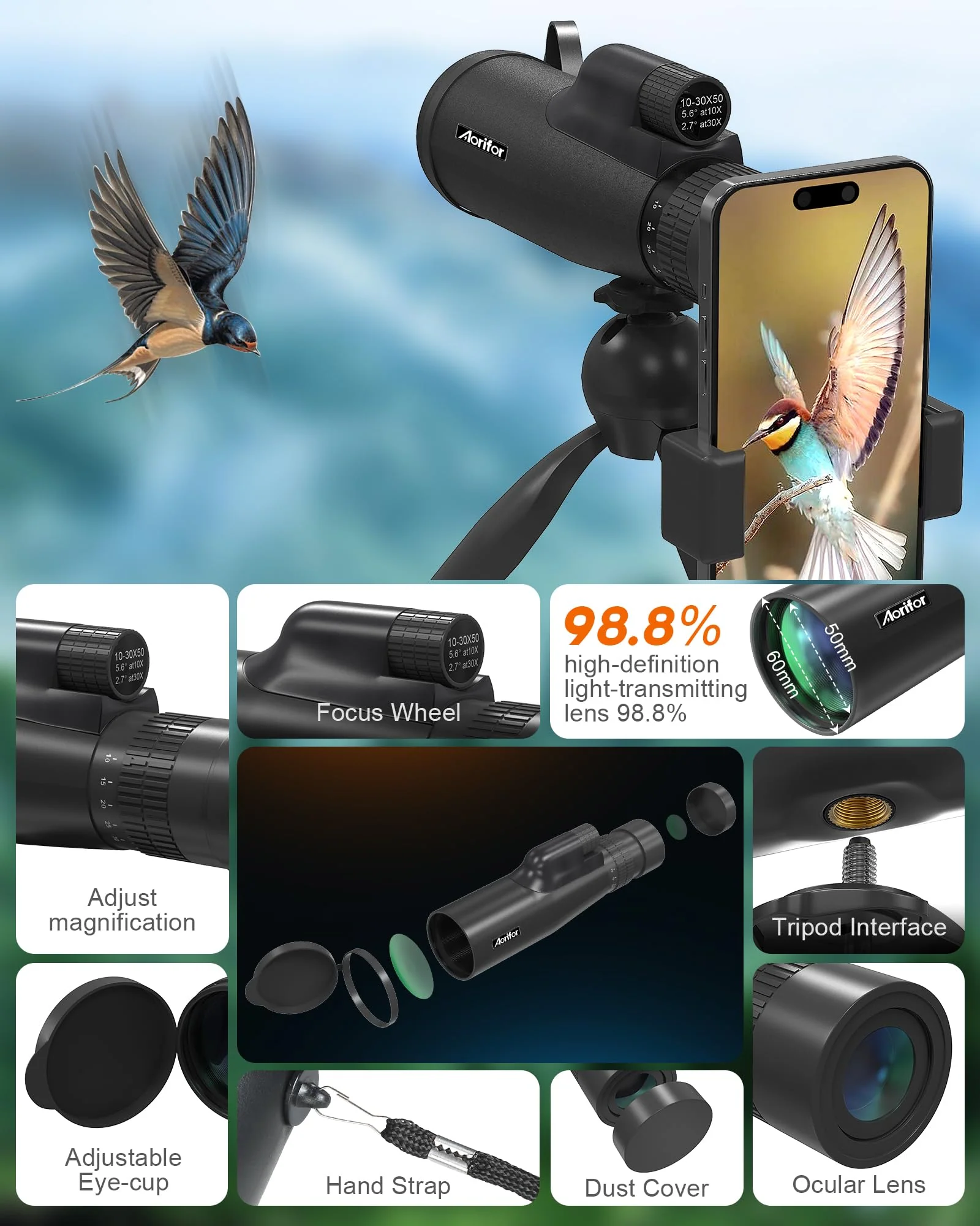 10-30x50 Monoculars for Adults High Powered with Smart Phone Holder & Upgraded Tripod, Starscope Monocular Military Grade for Outdoor Exploration, Bird Watching, and Scenic Viewing 10-30x50 - Image 5