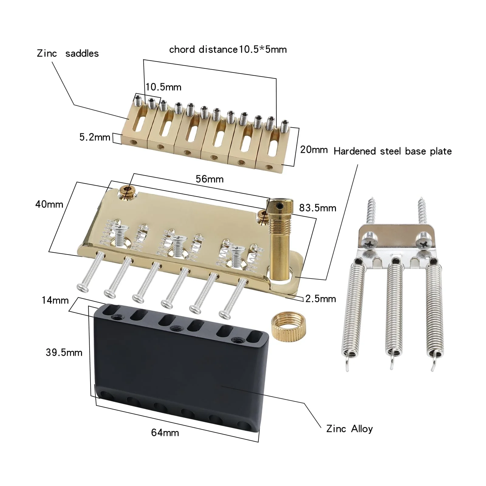 10.5mm Electric Guitar Bridge Zinc Alloy Saddles Block Stainless Steel Plate 6 String 2 Point Tremolo Bridge Compatible with Stratocaster Strat Electric Guitar Replacement Parts Gold - Image 6