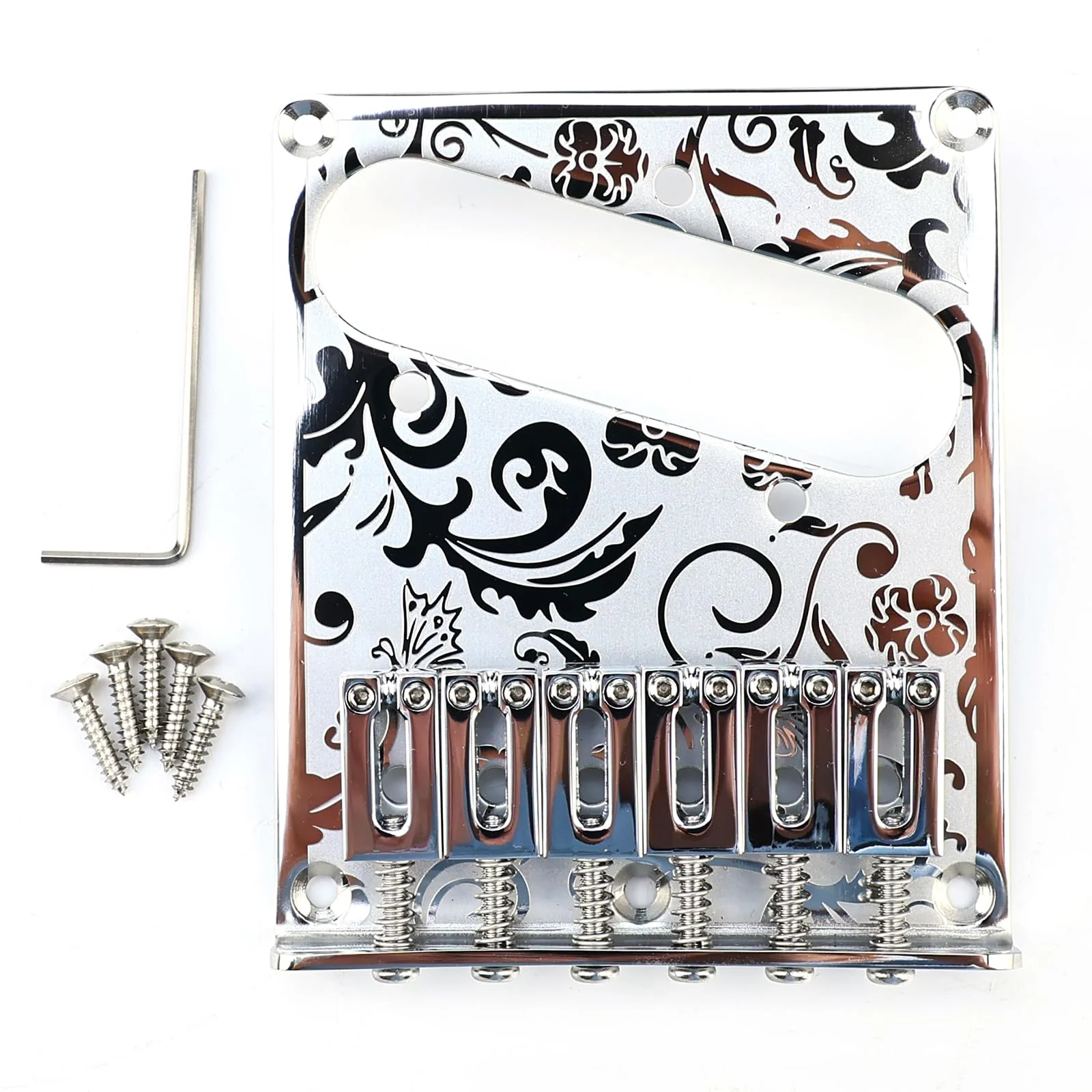 10.5mm Engraved Stainless Steel Fixed Electric Guitar Bridge Single Pickup Hole 6-string Guitar hardtail Bridge for Telecaster Tele TL Style Electric Guitar Replacement Parts (Chrome) Chrome