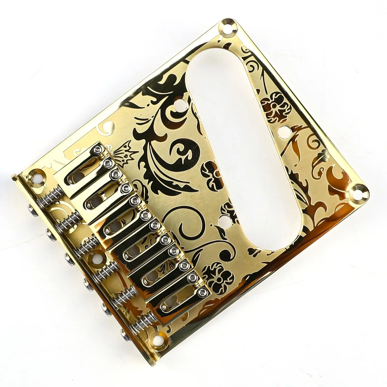 10.5mm Engraved Stainless Steel Fixed Electric Guitar Bridge Single Pickup Hole 6-string Guitar hardtail Bridge for Telecaster Tele TL Style Electric Guitar Replacement Parts (Gold) Gold - Image 3
