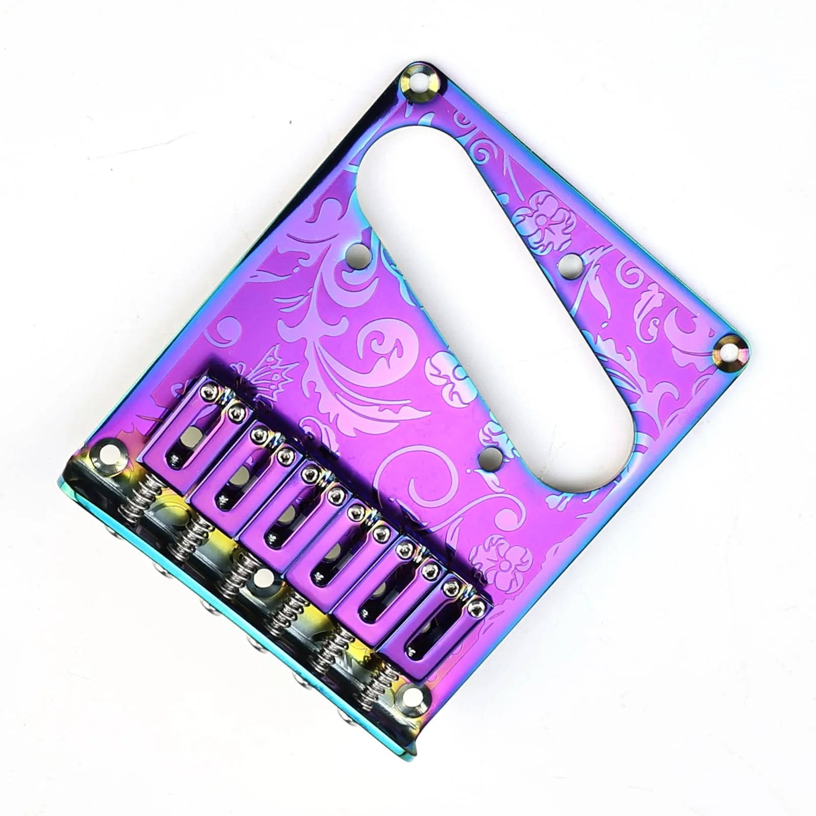 10.5mm Engraved Stainless Steel Fixed Electric Guitar Bridge Single Pickup Hole 6-string Guitar hardtail Bridge for Telecaster Tele TL Style Electric Guitar Replacement Parts (Purple) Purple - Image 2