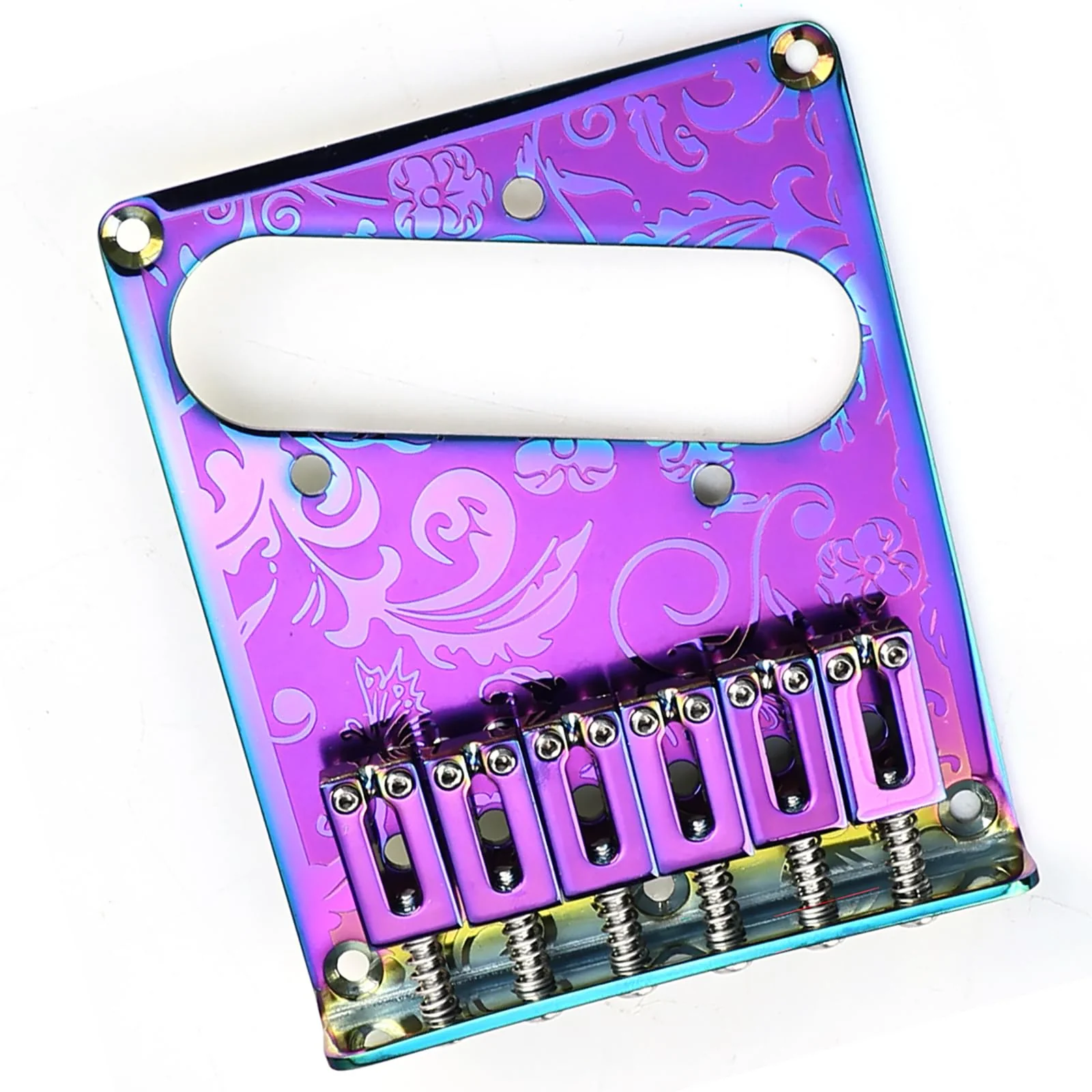 10.5mm Engraved Stainless Steel Fixed Electric Guitar Bridge Single Pickup Hole 6-string Guitar hardtail Bridge for Telecaster Tele TL Style Electric Guitar Replacement Parts (Purple) Purple - Image 3