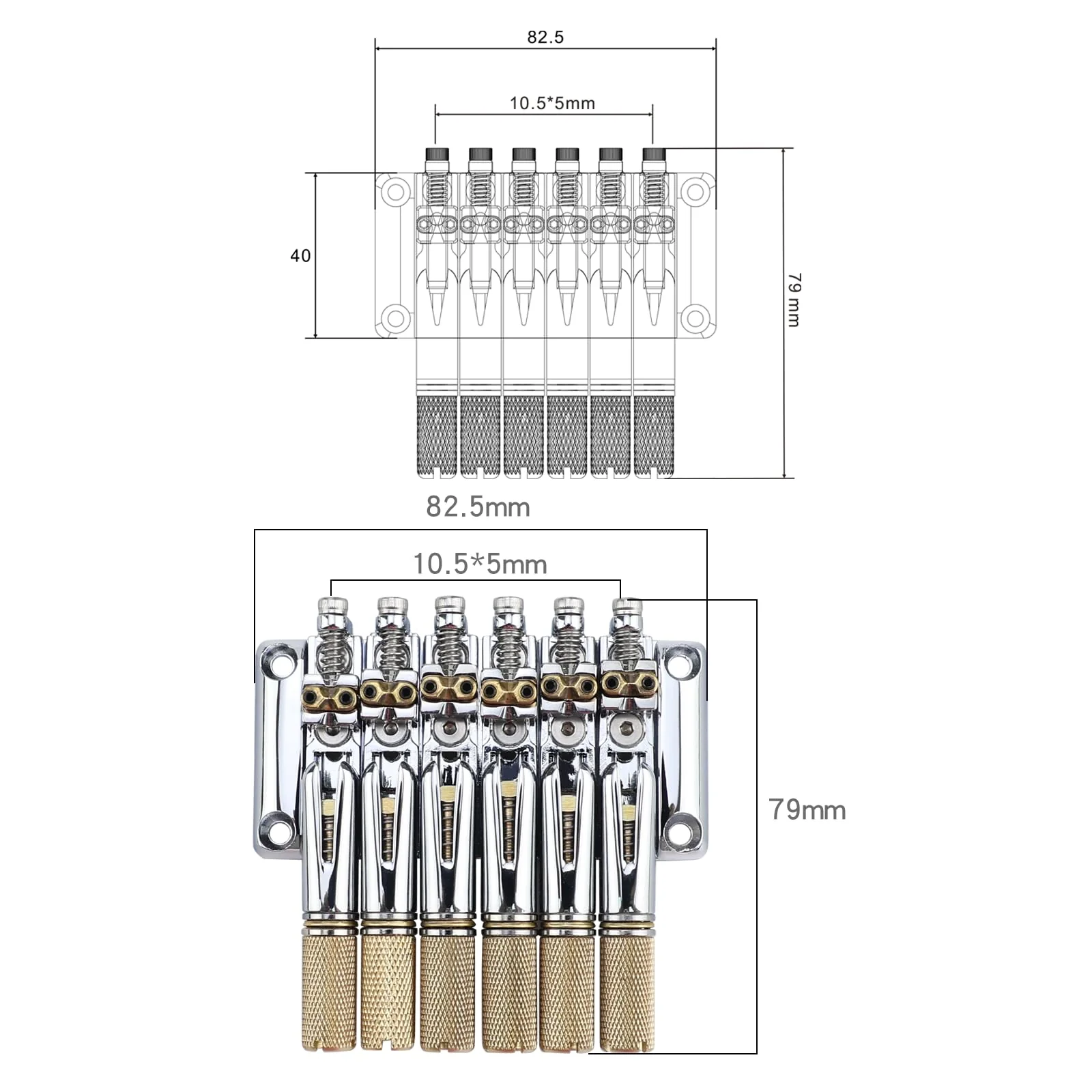 10.5mm Headless Electric Guitar Bridge Chrome Headless Bass Guitar Bridge Brass Saddles Zinc Alloy Plate Electric Guitar Bridge 6 String Headless Guitar Bridge Fixed - Image 5