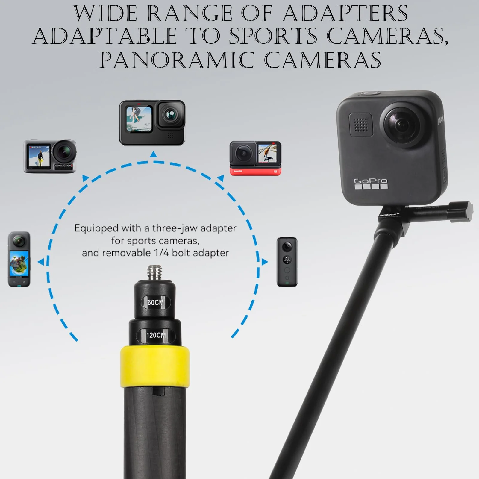 10.6-47.2 inches 1.2m Carbon Fiber Invisible Selfie Stick for Insta360 x4 Insta 360 x4 x3 x2 x Go 2 3 GoPro Hero 13 12 11 10 9 8 7 6 5 4 3 DJIN OSMO Action Camera Accessories (Gold) Gold - Image 5