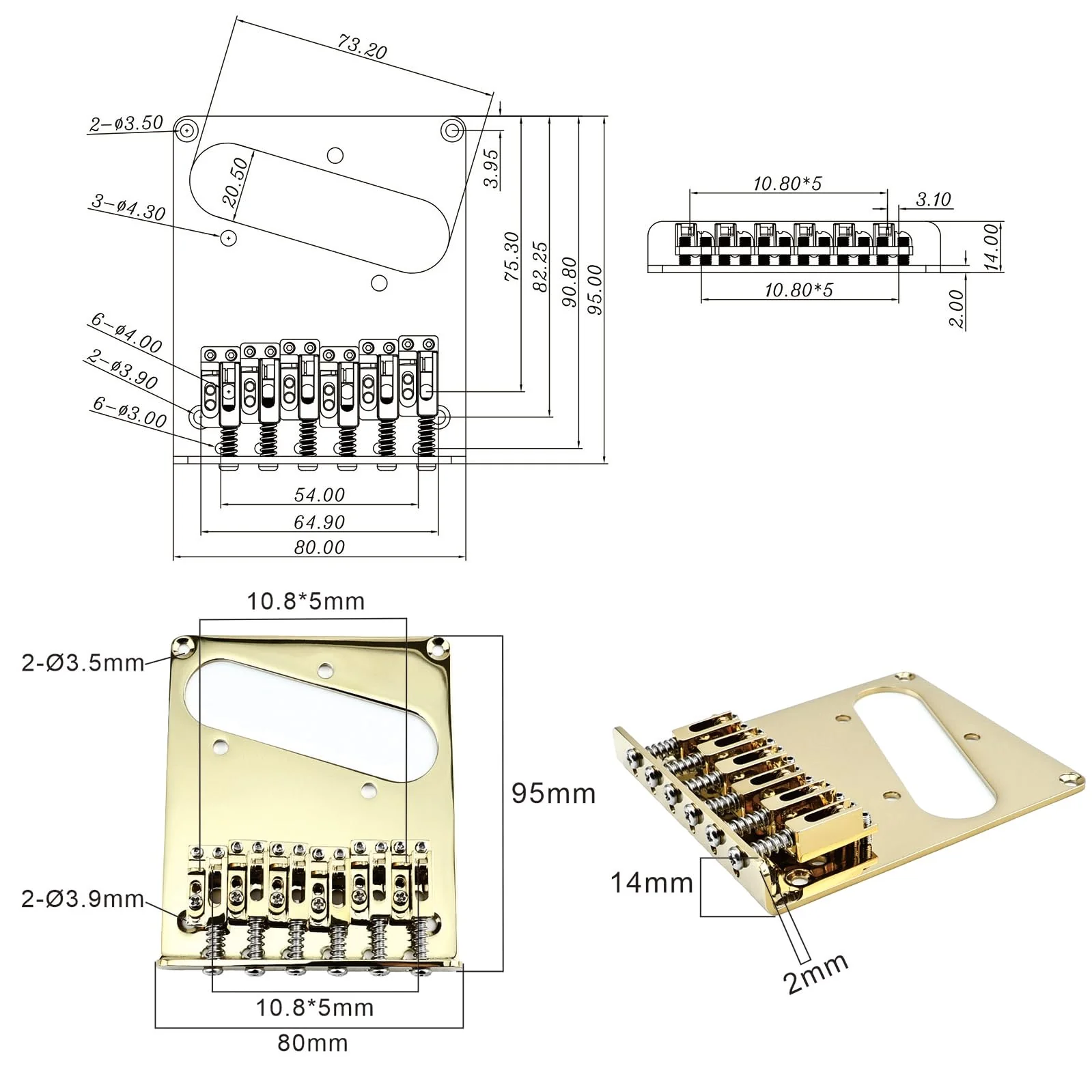 10.8mm 12-String Tele Bridge Adjustable Fixed Hardtail Guitar Bridge -Zinc Alloy Saddles Stainless Steel Baseplate for 12-String Telecaster Guitar Replacement Parts (Gold) Gold - Image 6