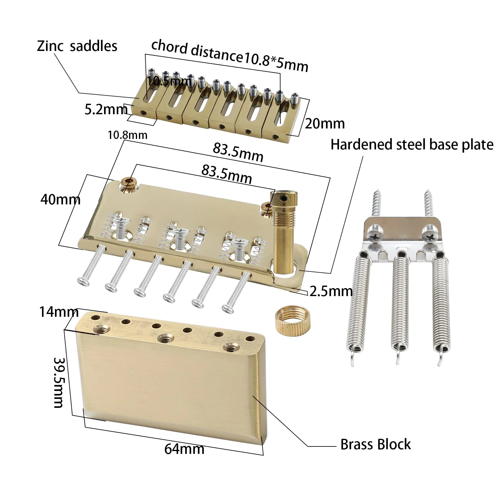 10.8mm Electric Guitar Bridge Gold 2-Point Tremolo Bridge with Zinc Alloy Saddles Brass Block 6 String Guitar Bridge Compatible with Start ST Electric Guitar Replacement Parts - Image 5