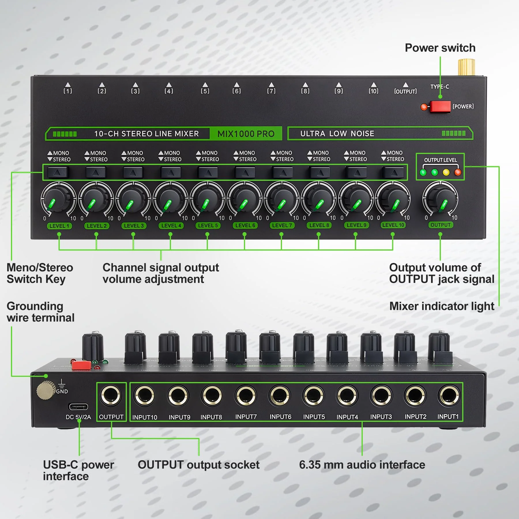 10 Channel Mixer, Compact Mini Mono/Stereo Audio Mixer Line Mixer for Sub-Mixing, Ultra-low Noise 6.35mm 1/4" TRS Input/Output, 5V/2A Sound Mixer for Mics/Keyboards Mixer/Guitars/Bass/Stage - Image 2