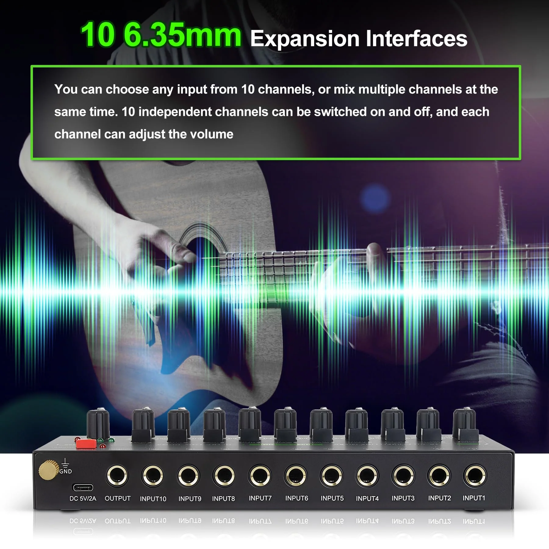 10 Channel Mixer, Compact Mini Mono/Stereo Audio Mixer Line Mixer for Sub-Mixing, Ultra-low Noise 6.35mm 1/4" TRS Input/Output, 5V/2A Sound Mixer for Mics/Keyboards Mixer/Guitars/Bass/Stage - Image 3