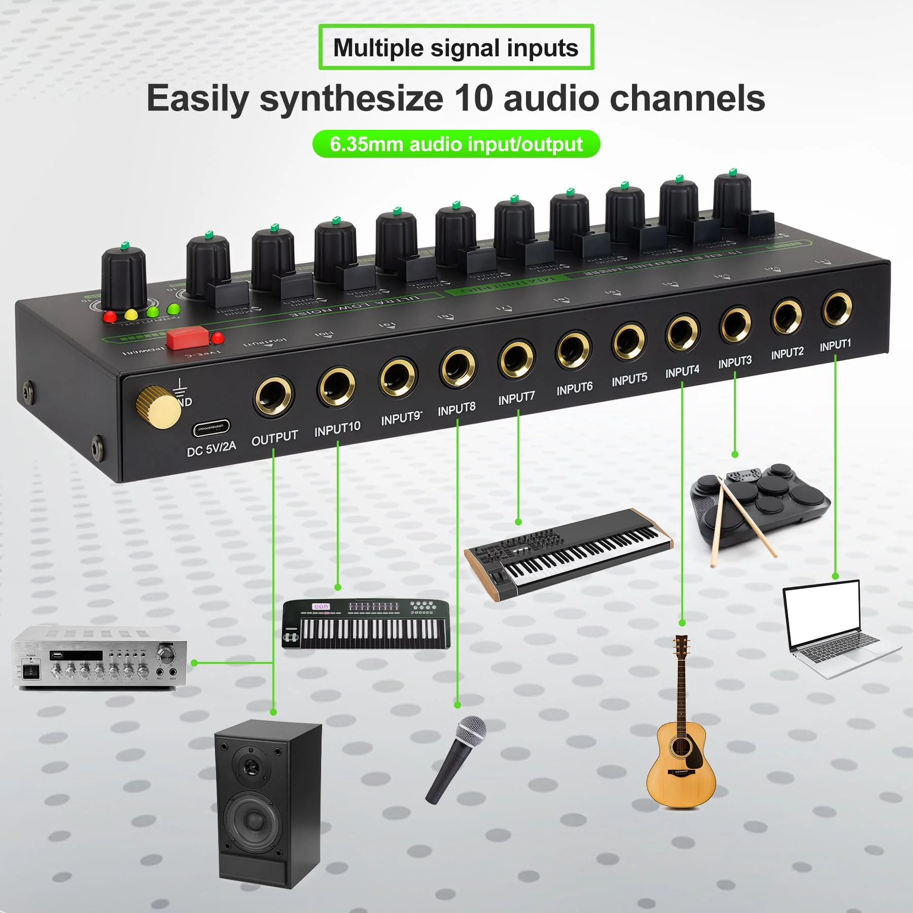 10 Channel Mixer, Compact Mini Mono/Stereo Audio Mixer Line Mixer for Sub-Mixing, Ultra-low Noise 6.35mm 1/4" TRS Input/Output, 5V/2A Sound Mixer for Mics/Keyboards Mixer/Guitars/Bass/Stage - Image 5