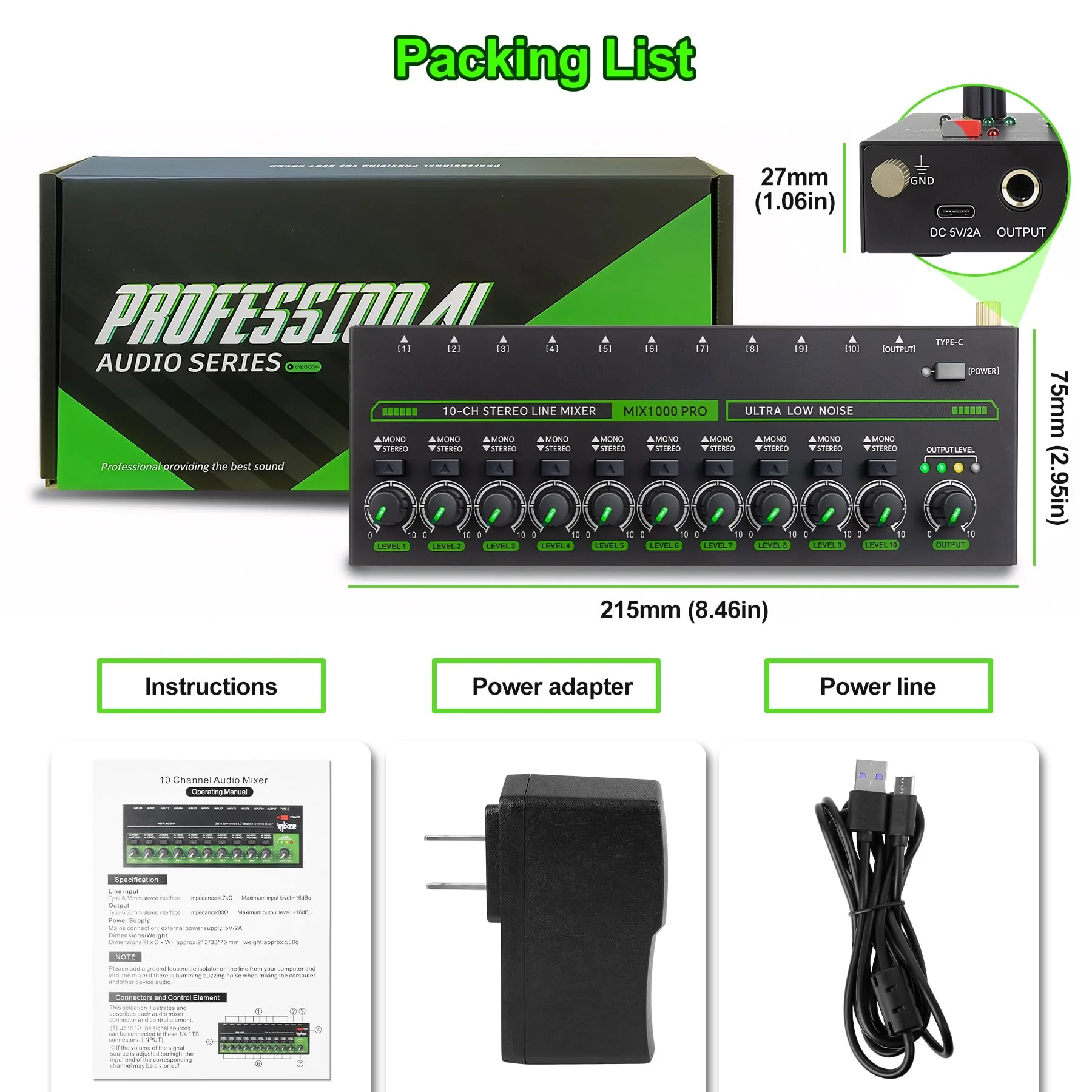 10 Channel Mixer, Compact Mini Mono/Stereo Audio Mixer Line Mixer for Sub-Mixing, Ultra-low Noise 6.35mm 1/4" TRS Input/Output, 5V/2A Sound Mixer for Mics/Keyboards Mixer/Guitars/Bass/Stage - Image 6