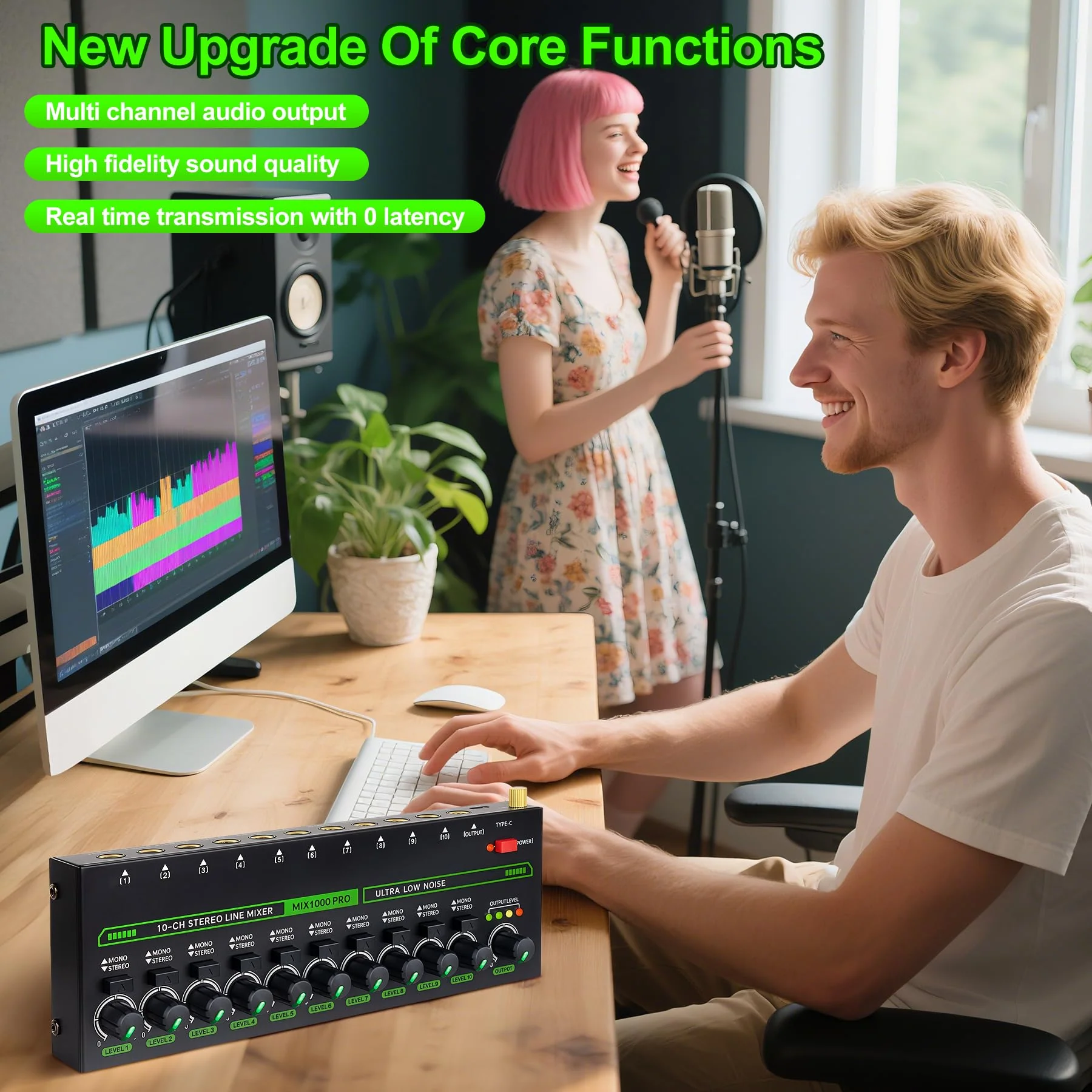 10 Channel Mixer, Compact Mini Mono/Stereo Audio Mixer Line Mixer for Sub-Mixing, Ultra-low Noise 6.35mm 1/4" TRS Input/Output, 5V/2A Sound Mixer for Mics/Keyboards Mixer/Guitars/Bass/Stage - Image 7