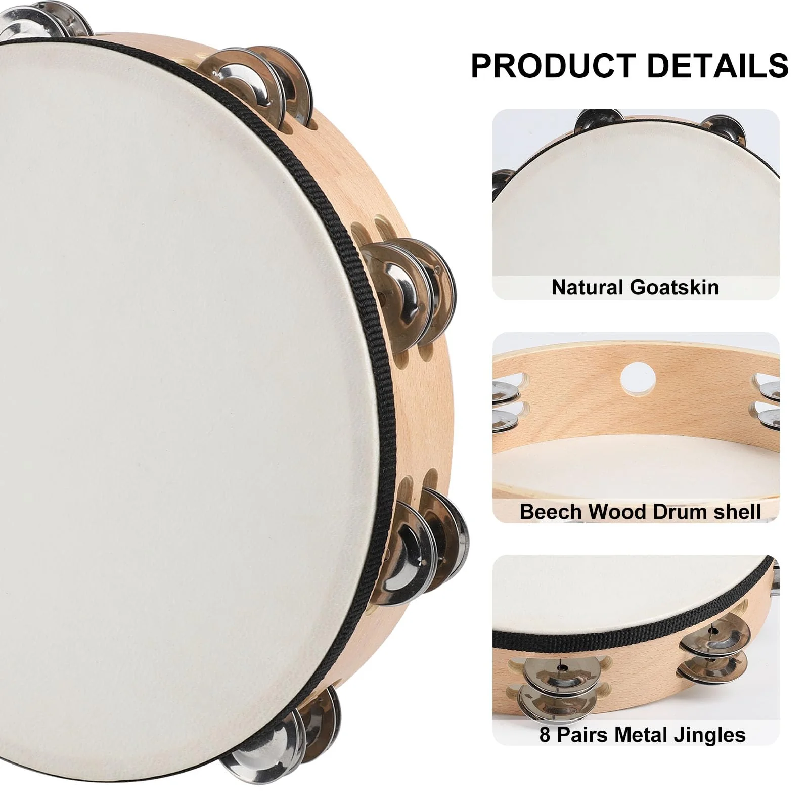10 Inch Goatskin Tambourine With 8 Pairs of Metal Jingles Hand Held Drum Tambourines for Kids Adults Church Dance Games KTV Party 10 inch - Image 2