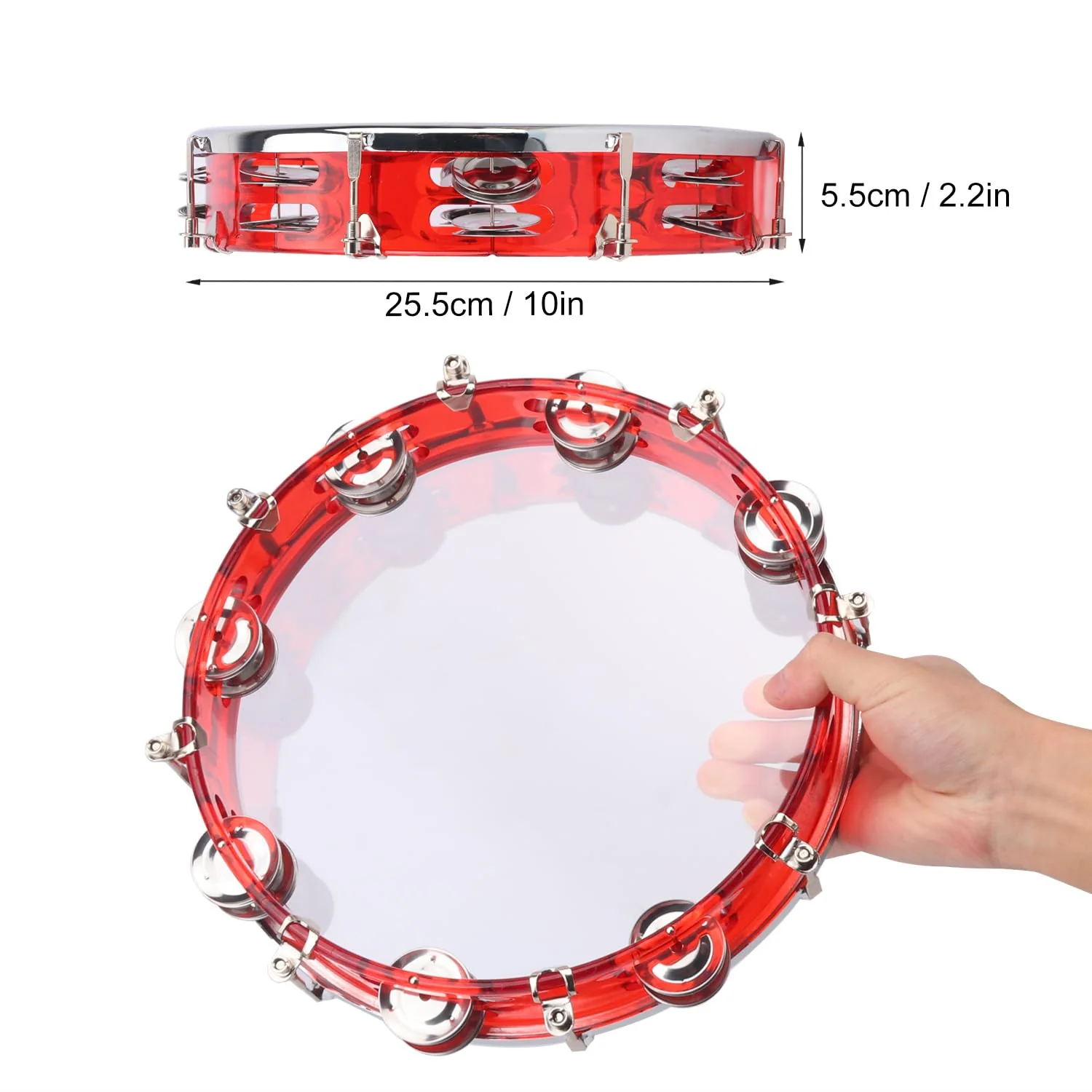 10 Inch Red Adjustable Tambourine, Musical Percussion Instrument Drum with Double Metal Jingles, Hand Held Tambourine for Adults, Church, Birthday, Party, Live Show - Image 2