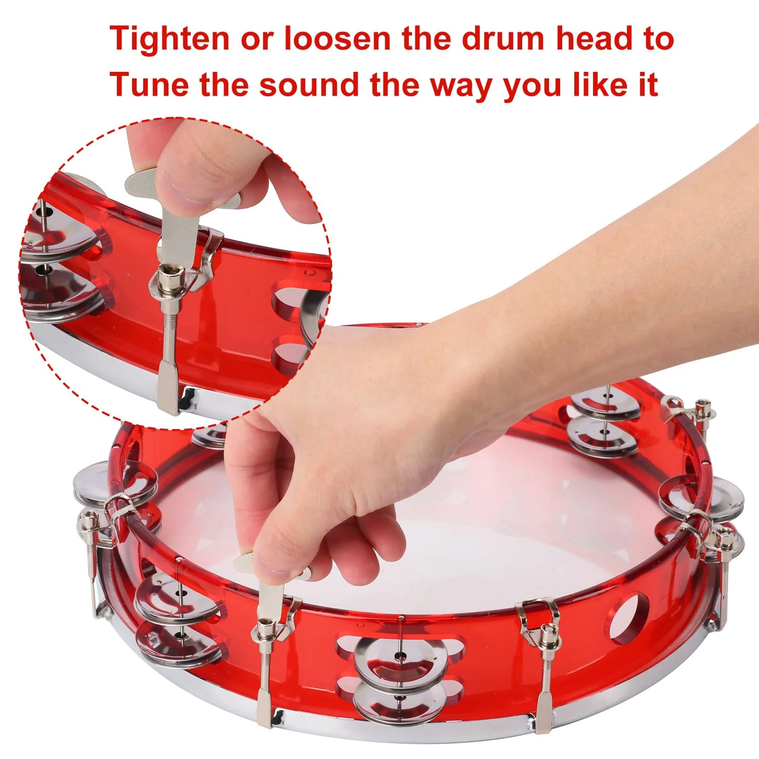 10 Inch Red Adjustable Tambourine, Musical Percussion Instrument Drum with Double Metal Jingles, Hand Held Tambourine for Adults, Church, Birthday, Party, Live Show - Image 3