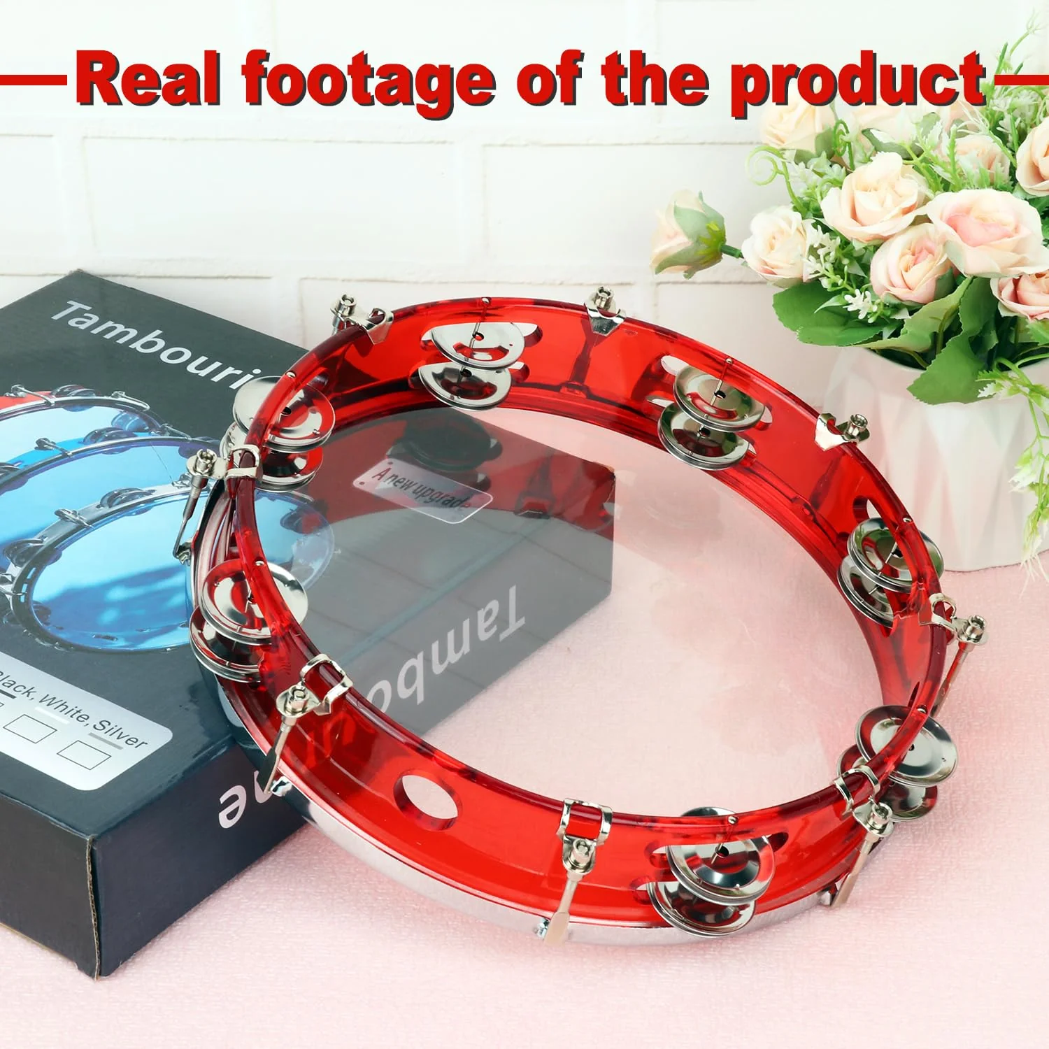10 Inch Red Adjustable Tambourine, Musical Percussion Instrument Drum with Double Metal Jingles, Hand Held Tambourine for Adults, Church, Birthday, Party, Live Show - Image 4