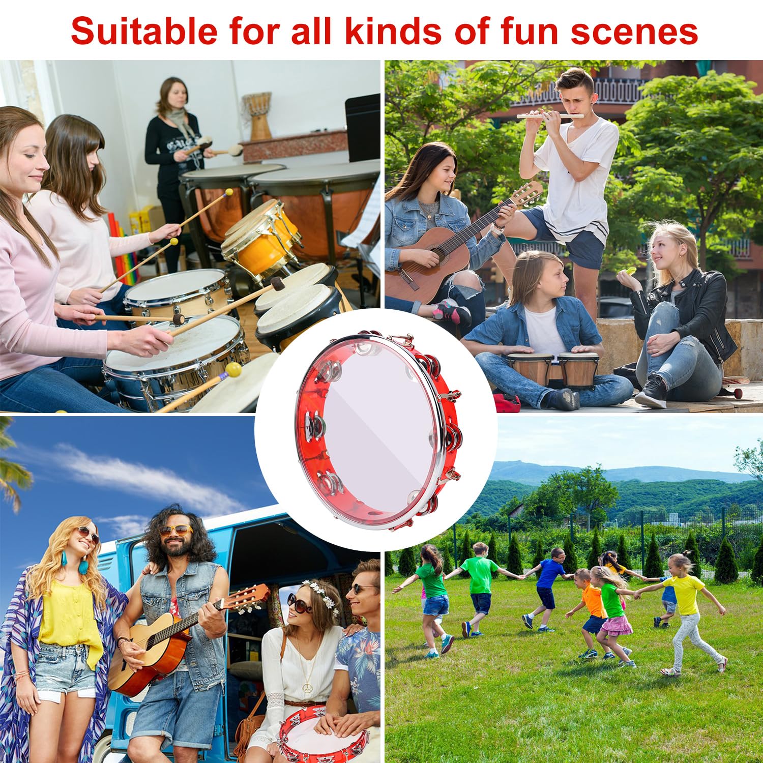 10 Inch Red Adjustable Tambourine, Musical Percussion Instrument Drum with Double Metal Jingles, Hand Held Tambourine for Adults, Church, Birthday, Party, Live Show - Image 7