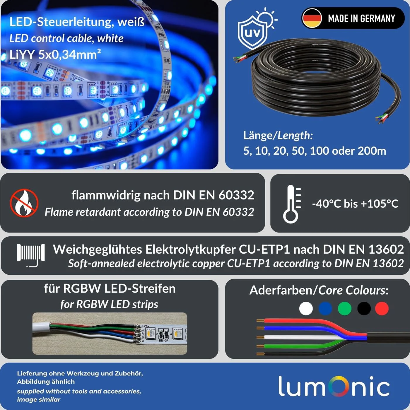 10 m Lumonic 5 x 0.34 mm² LED Control Cable Black 1 m I Sheathed 5-Core Cable Flexible I LiYY Extension, Power Cable, LED Cable, Control Cable 10m / 10 Compteur RGBW (5-wire) - Image 2